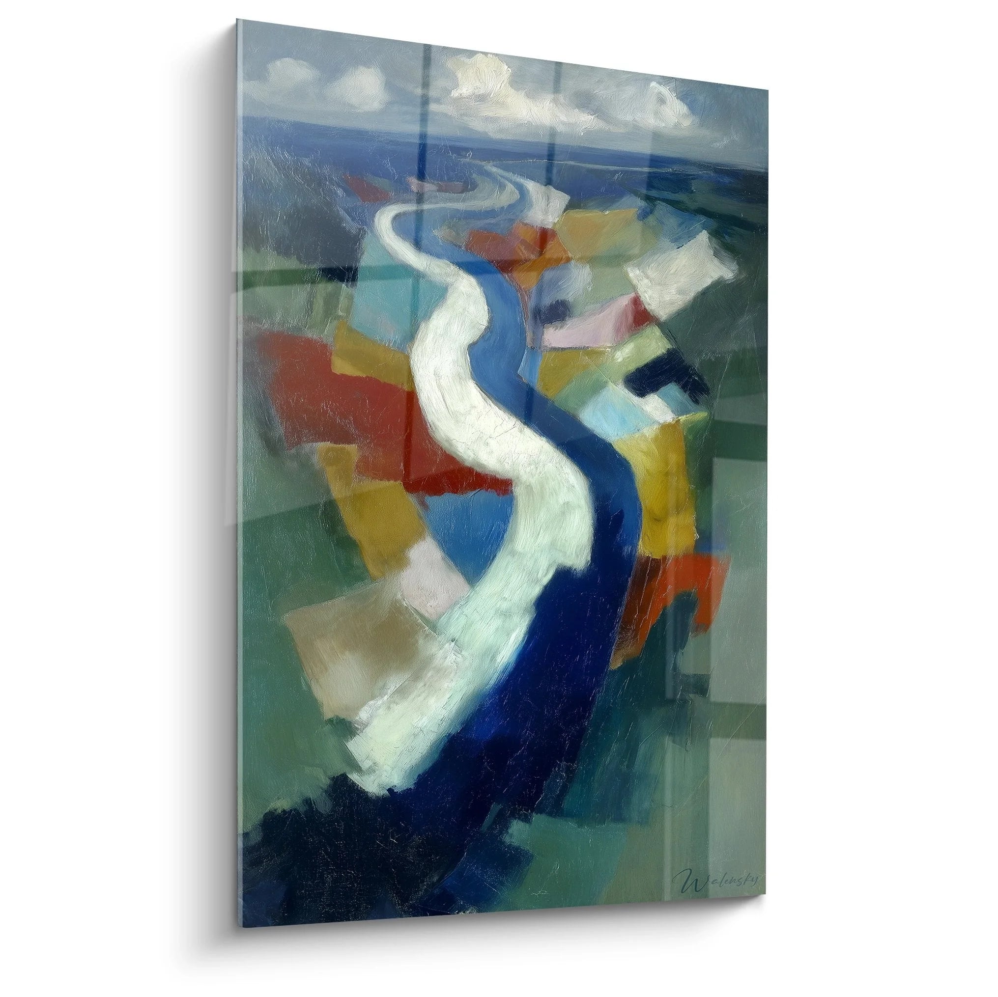 Wandbild Fluss Canyon abstrakt mit schlängelndem weißen Fluss durch farbenfrohe Berglandschaft