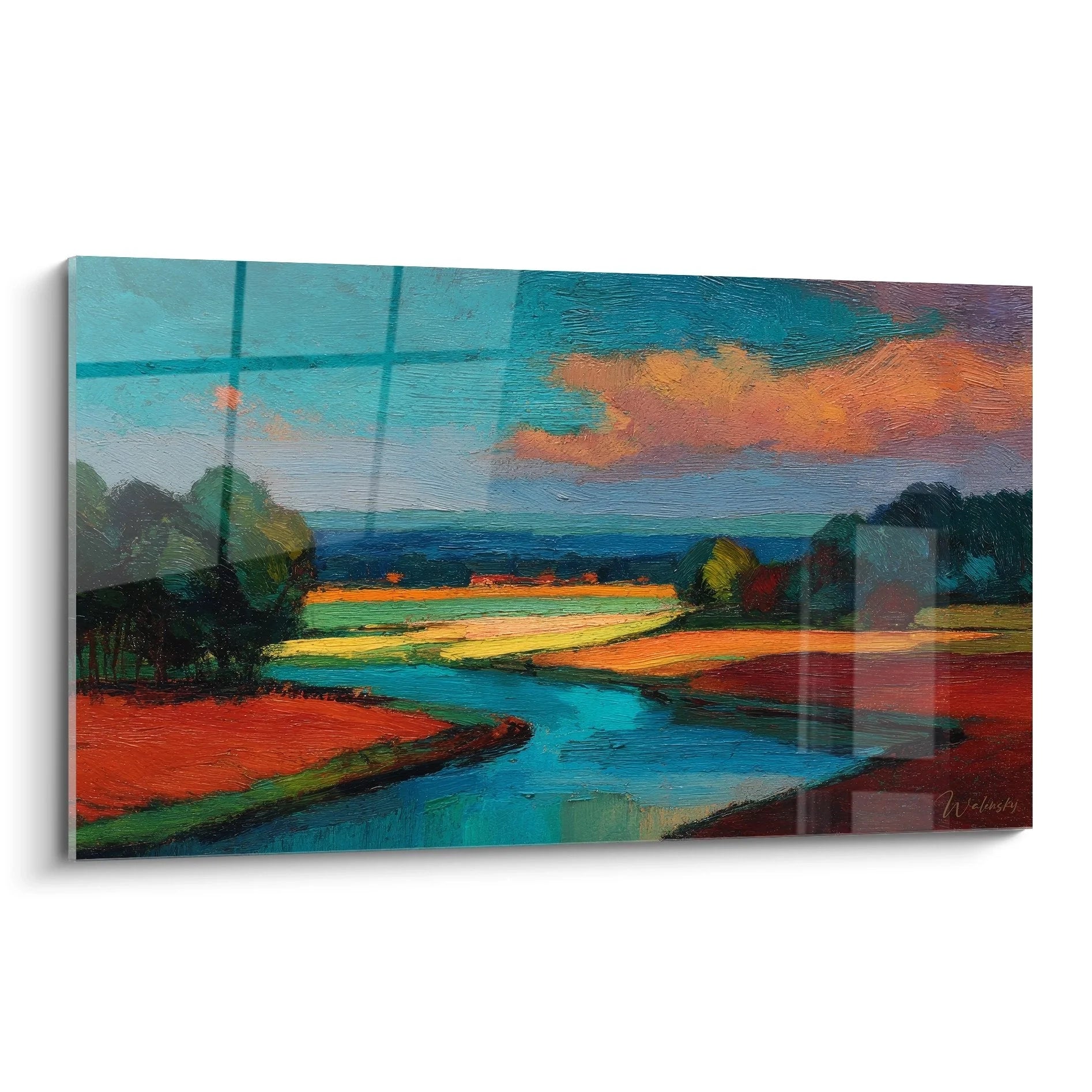 Wandbild Flusslandschaft mit Abendstimmung in warmen Orange- und Türkistönen - Edition Landschaft