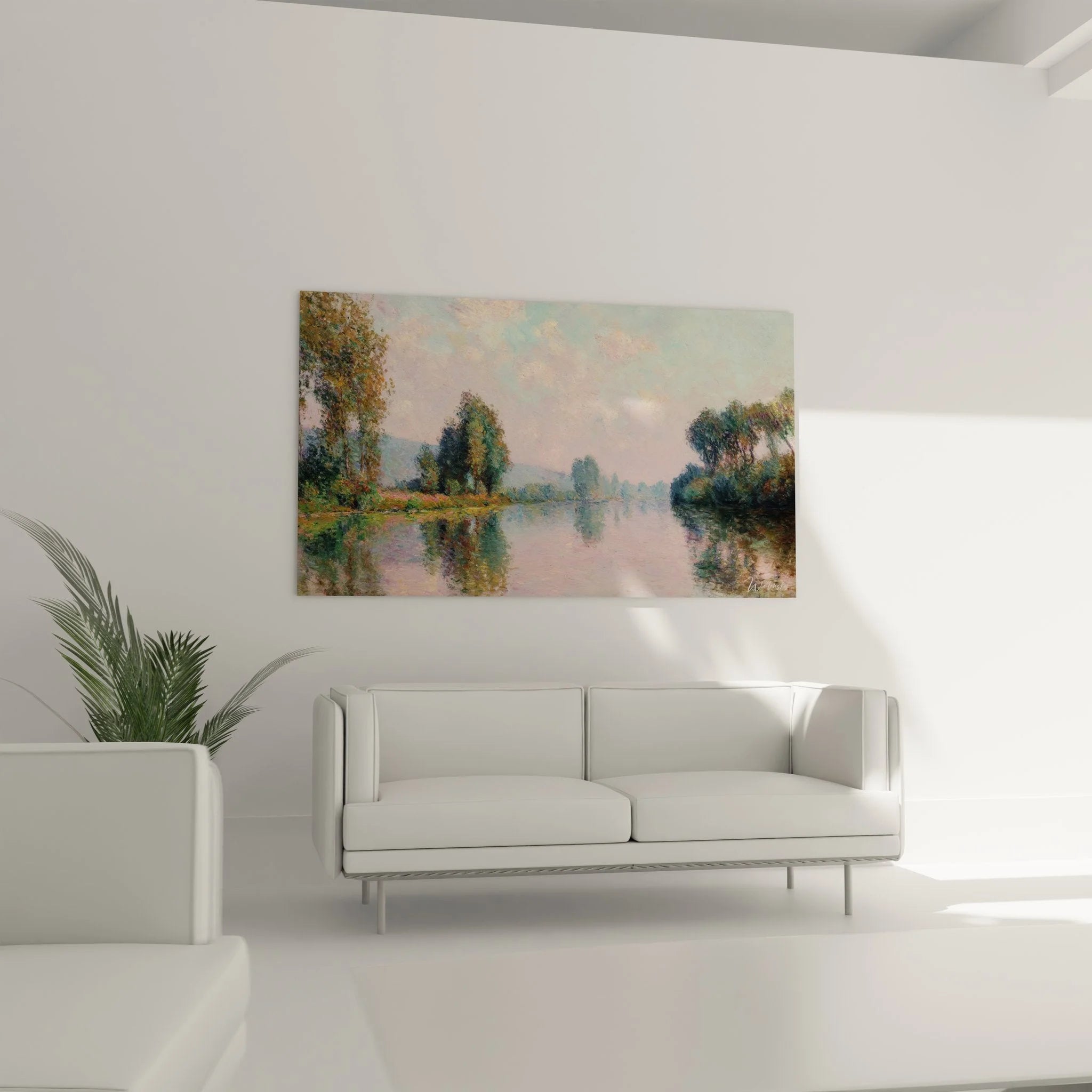 Wandbild Flusslandschaft Detailansicht impressionistische Malweise Wasserspiegelung Morgenlicht