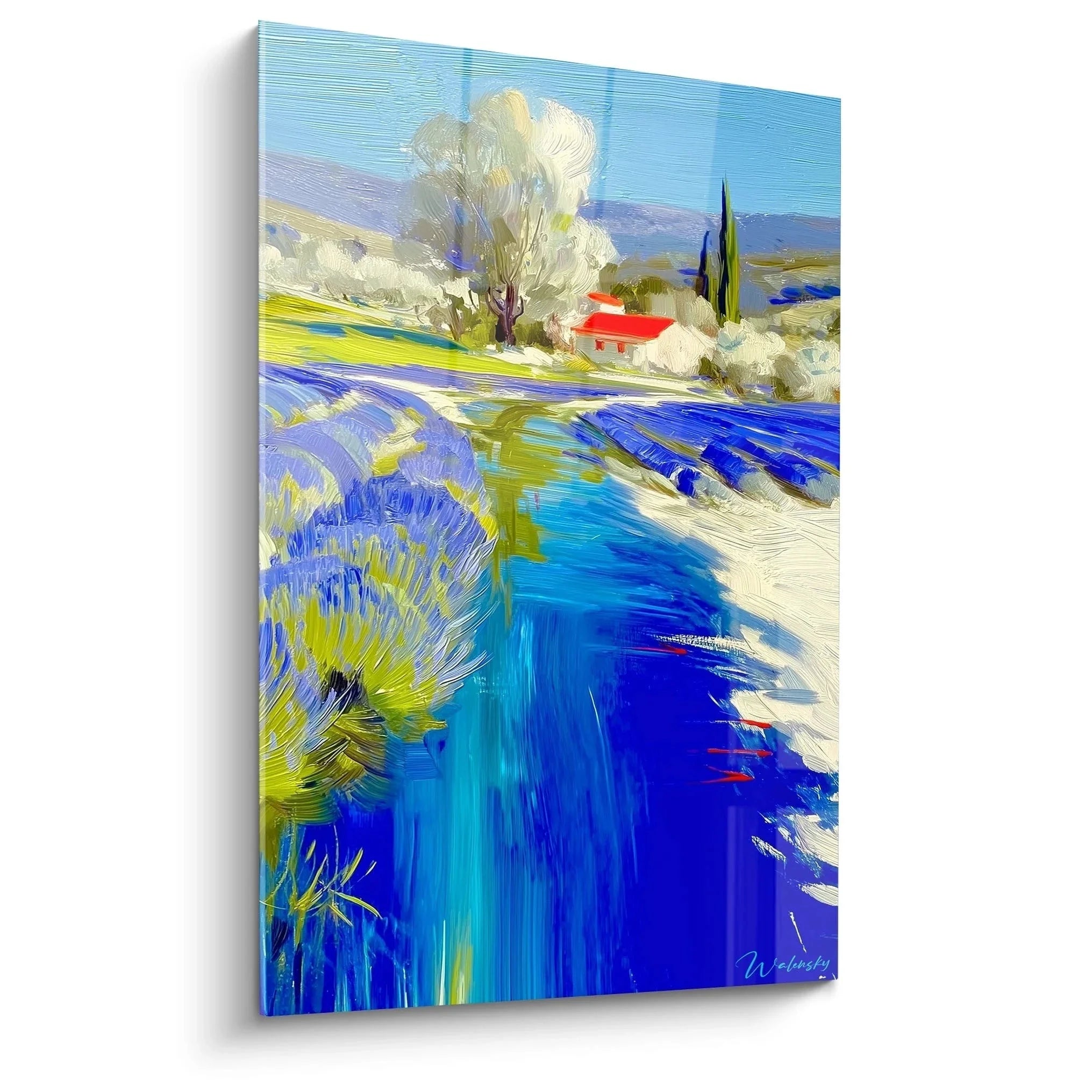 Wandbild Flusslandschaft Impressionismus mit blauen Reflexionen und roter Scheune