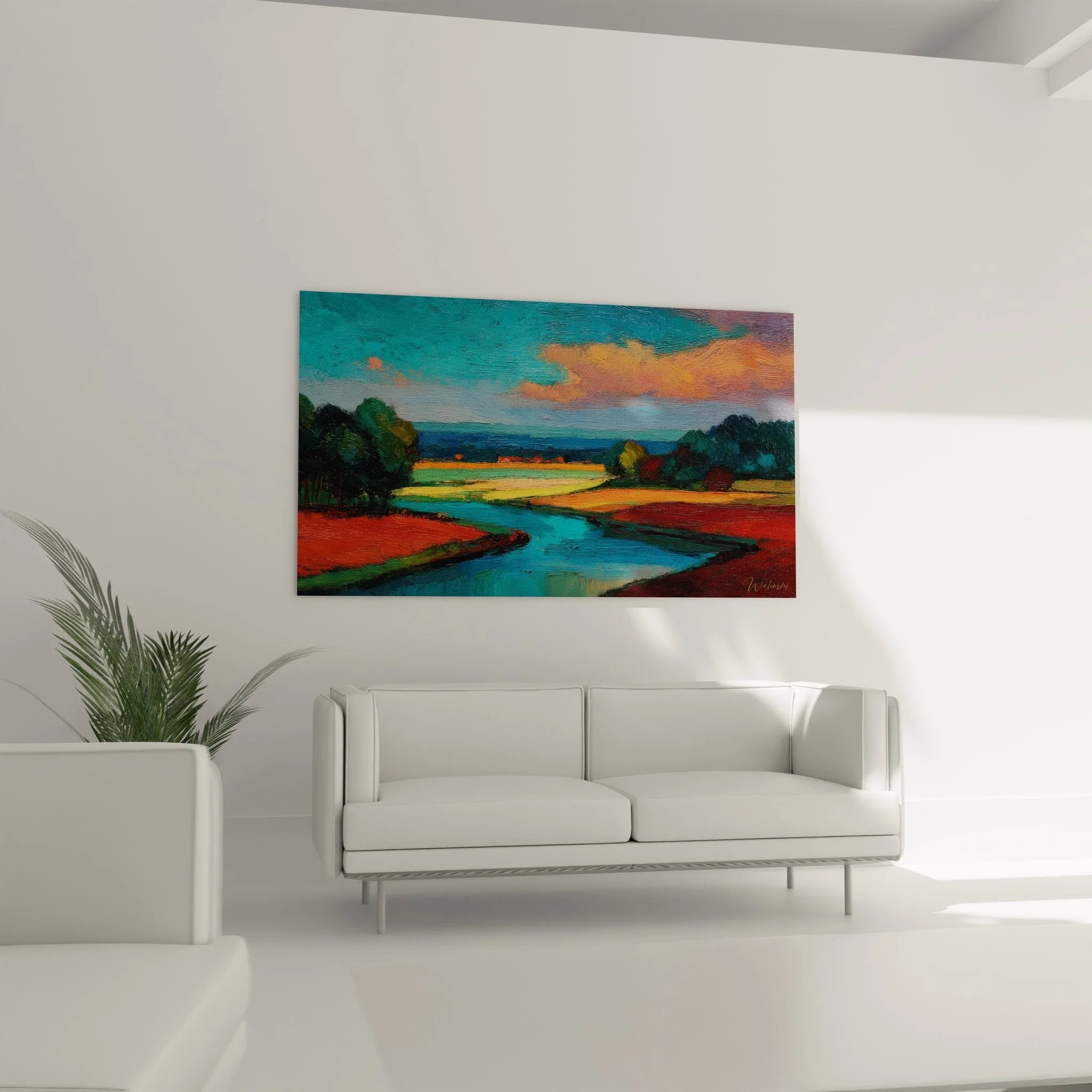 Nahaufnahme Wandbild Flusslandschaft - Details der warmen Farbpalette und Pinselführung