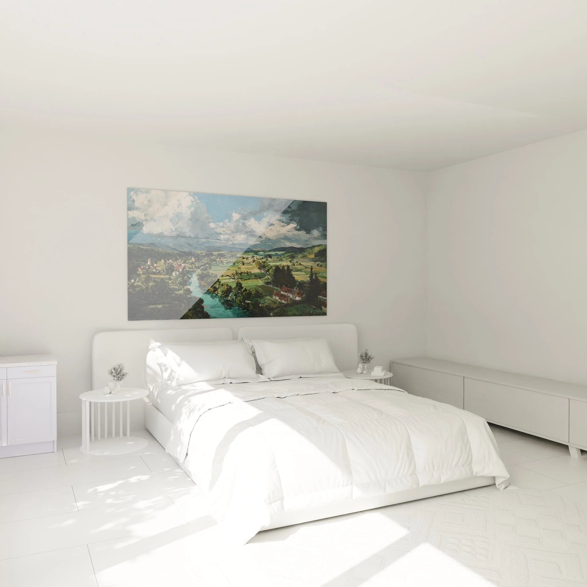 Schlafzimmer Dekoration mit Wandbild Flusslandschaft in harmonischer Farbgestaltung