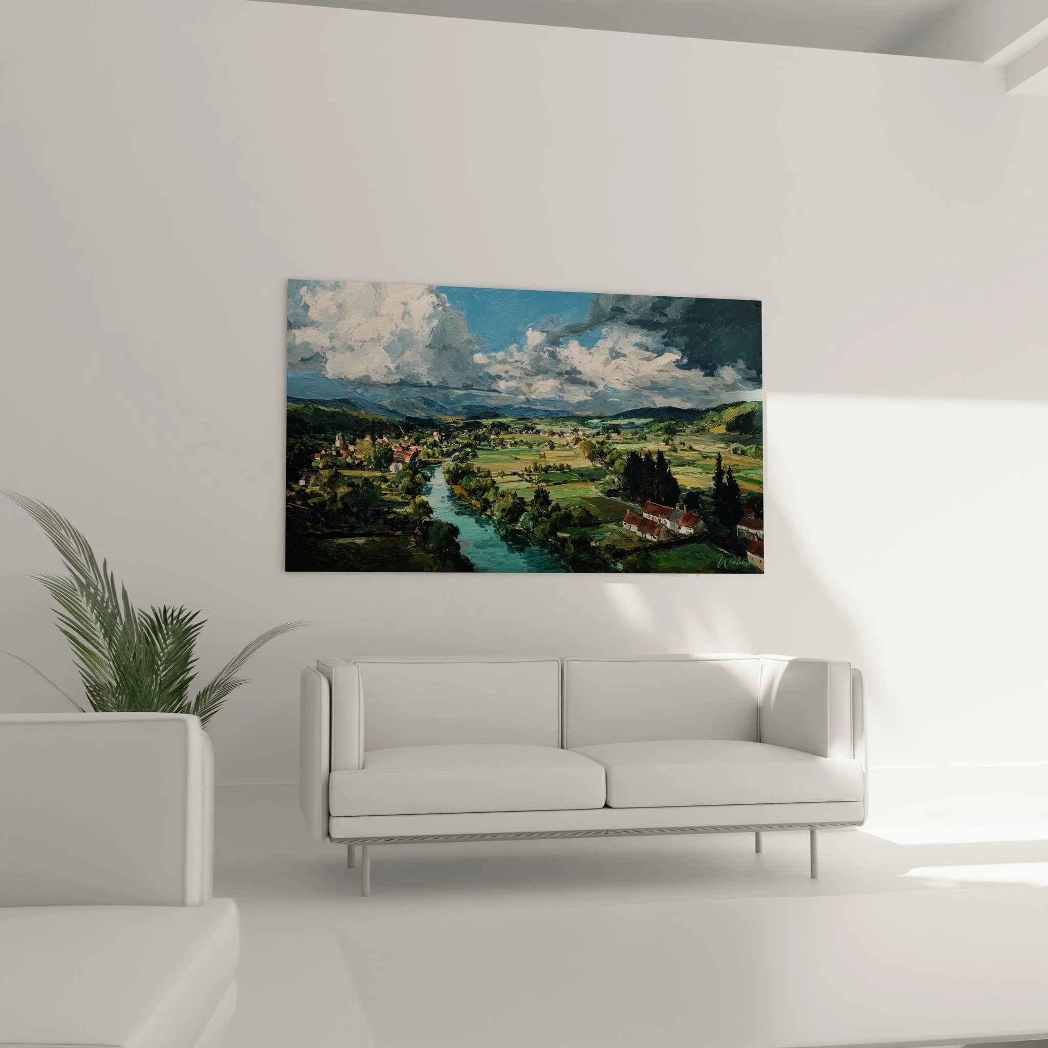 Detailaufnahme Wandbild Flusstal mit impressionistischer Maltechnik und Naturmotiven