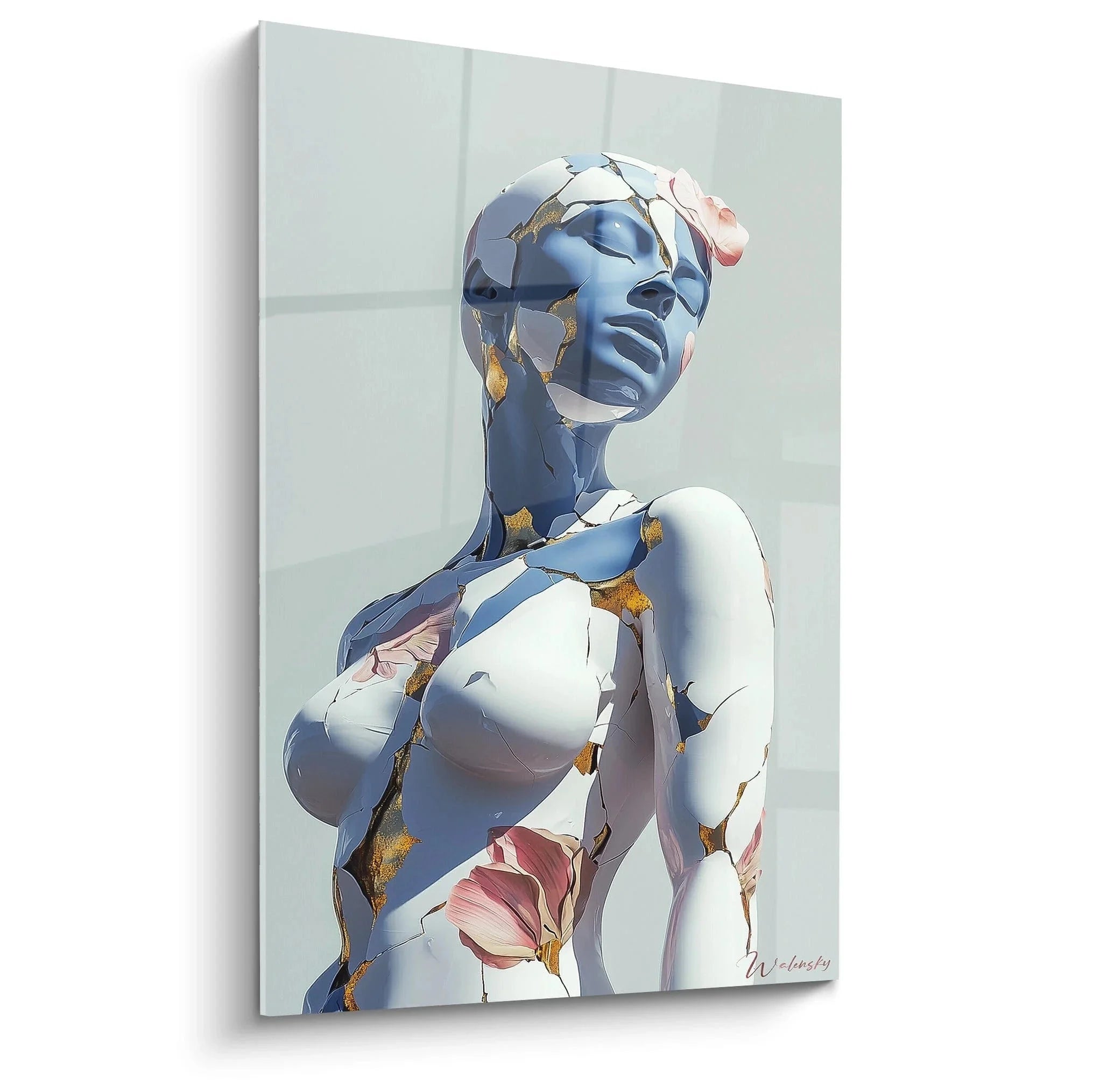 Wandbild fragmentierte Frau Kintsugi Stil blaue goldene Akzente abstrakte Porträtkunst modern