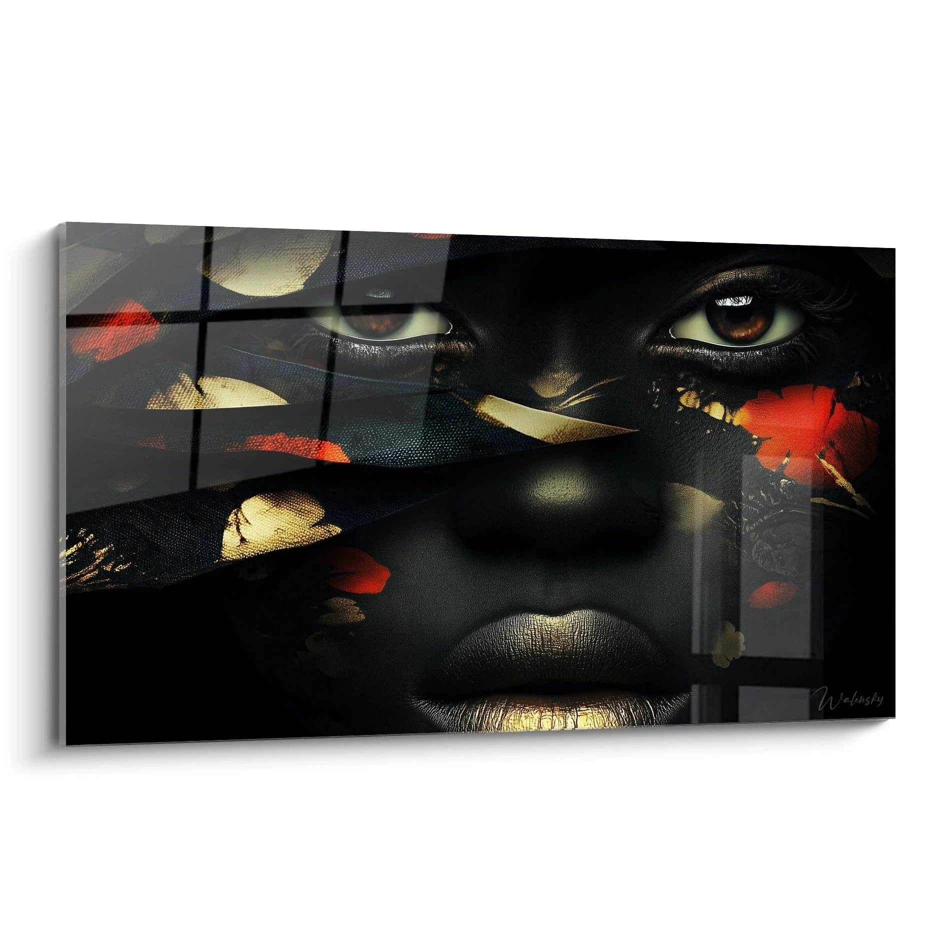 Wandbild fragmentiertes afrikanisches Gesicht mit Mosaikeffekt in Gold und Rot auf schwarzem Hintergrund