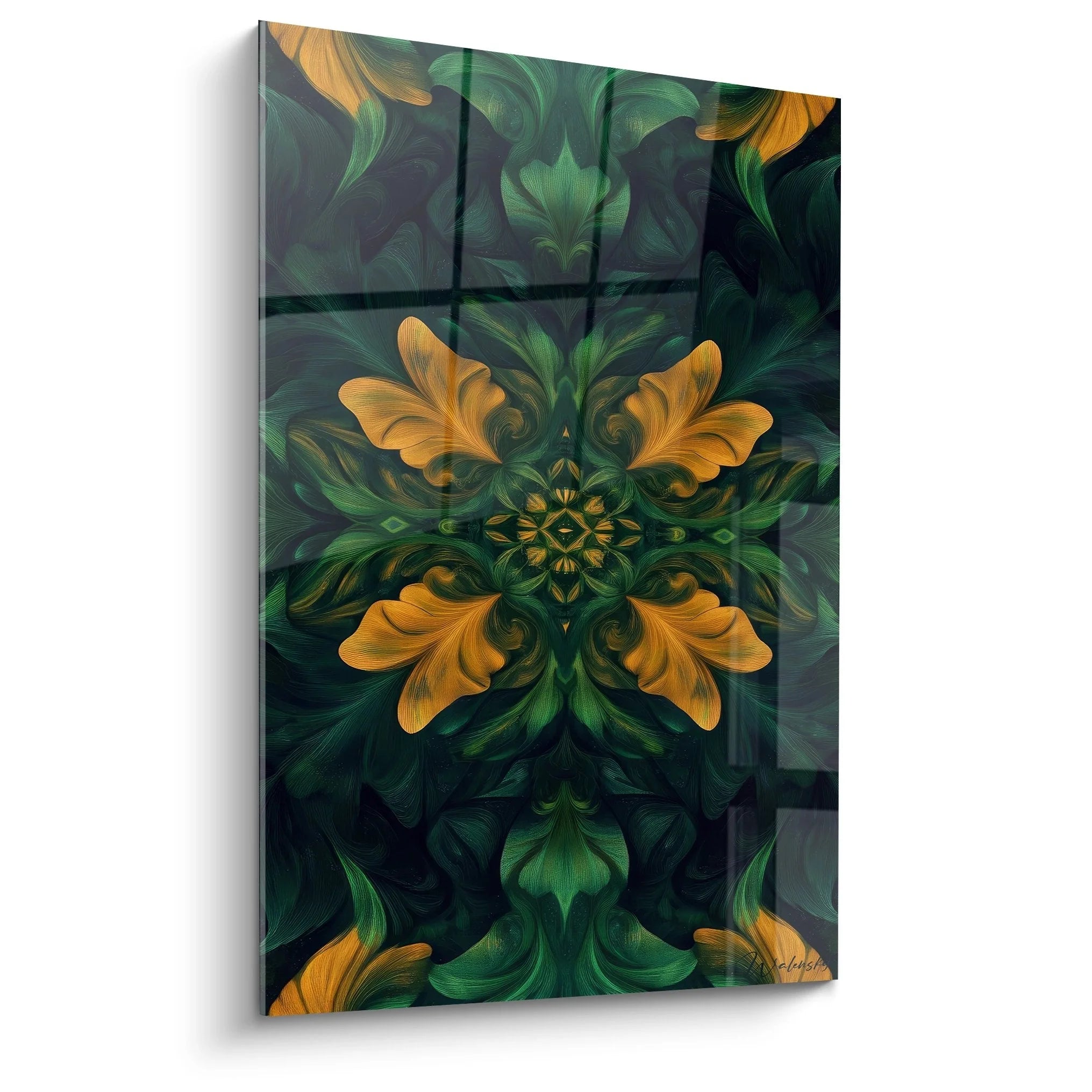 Wandbild Fraktal Blumenmandala in Grün Orange mit symmetrischer Struktur und digitaler Kunstästhetik