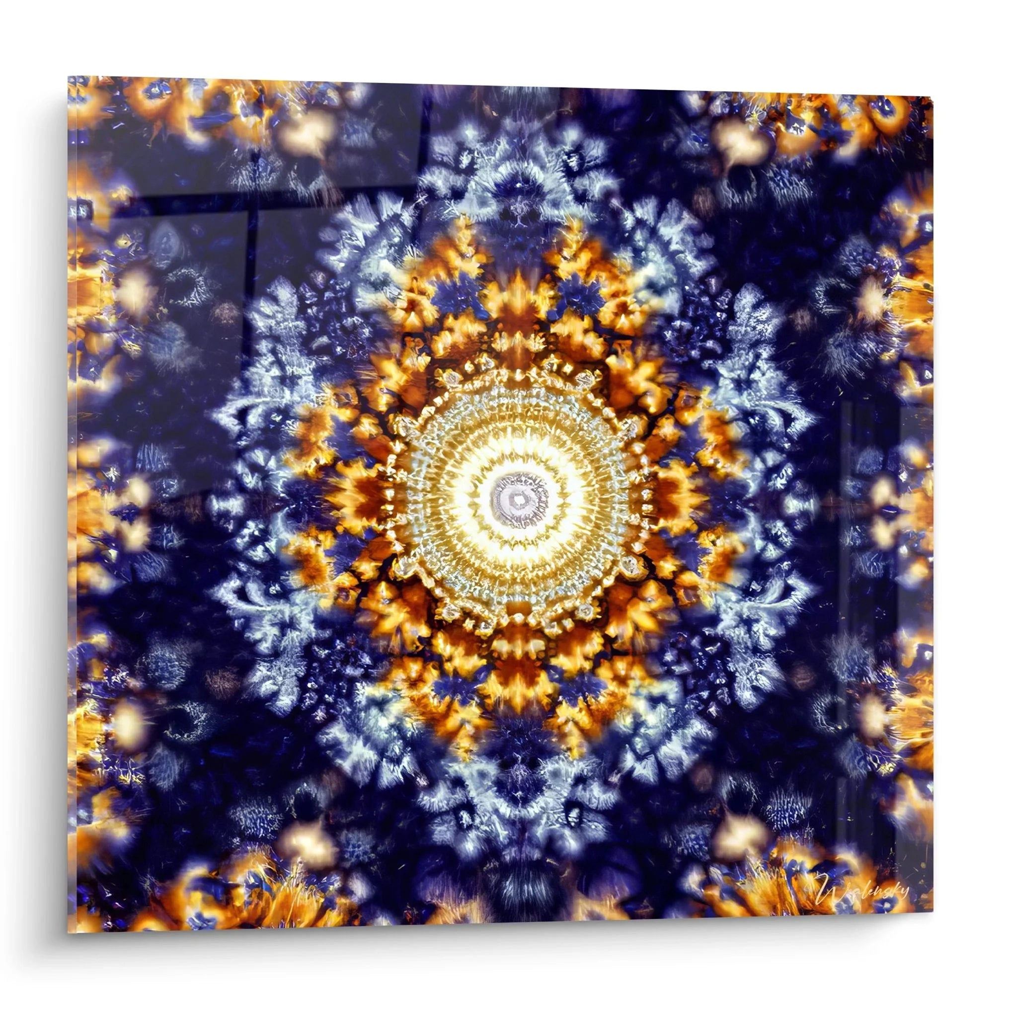Wandbild Fraktal Mandala mit goldenen und blauen kosmischen Mustern für moderne Wanddekoration
