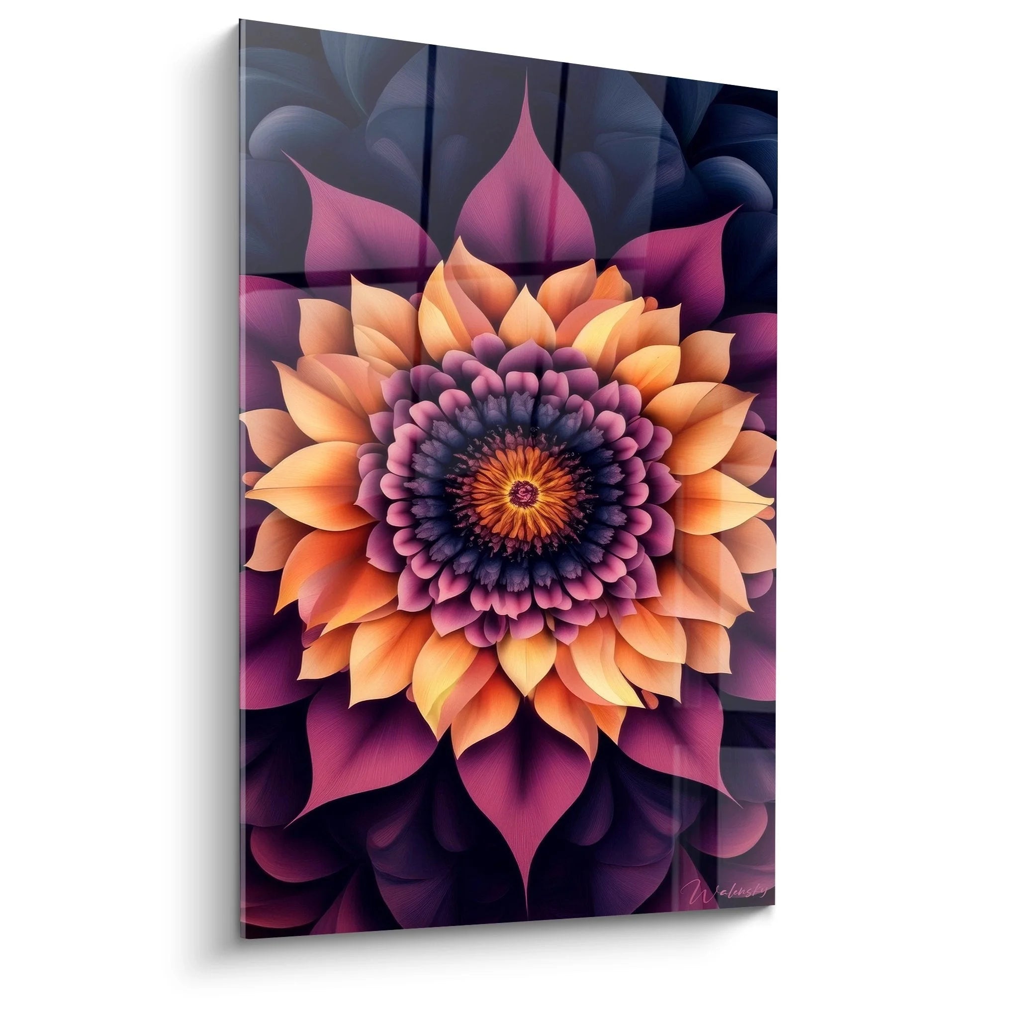 Wandbild fraktale Blüte in Orange-Violett, geometrische Dahlie mit mystischen Farbverläufen, Edition Fraktal