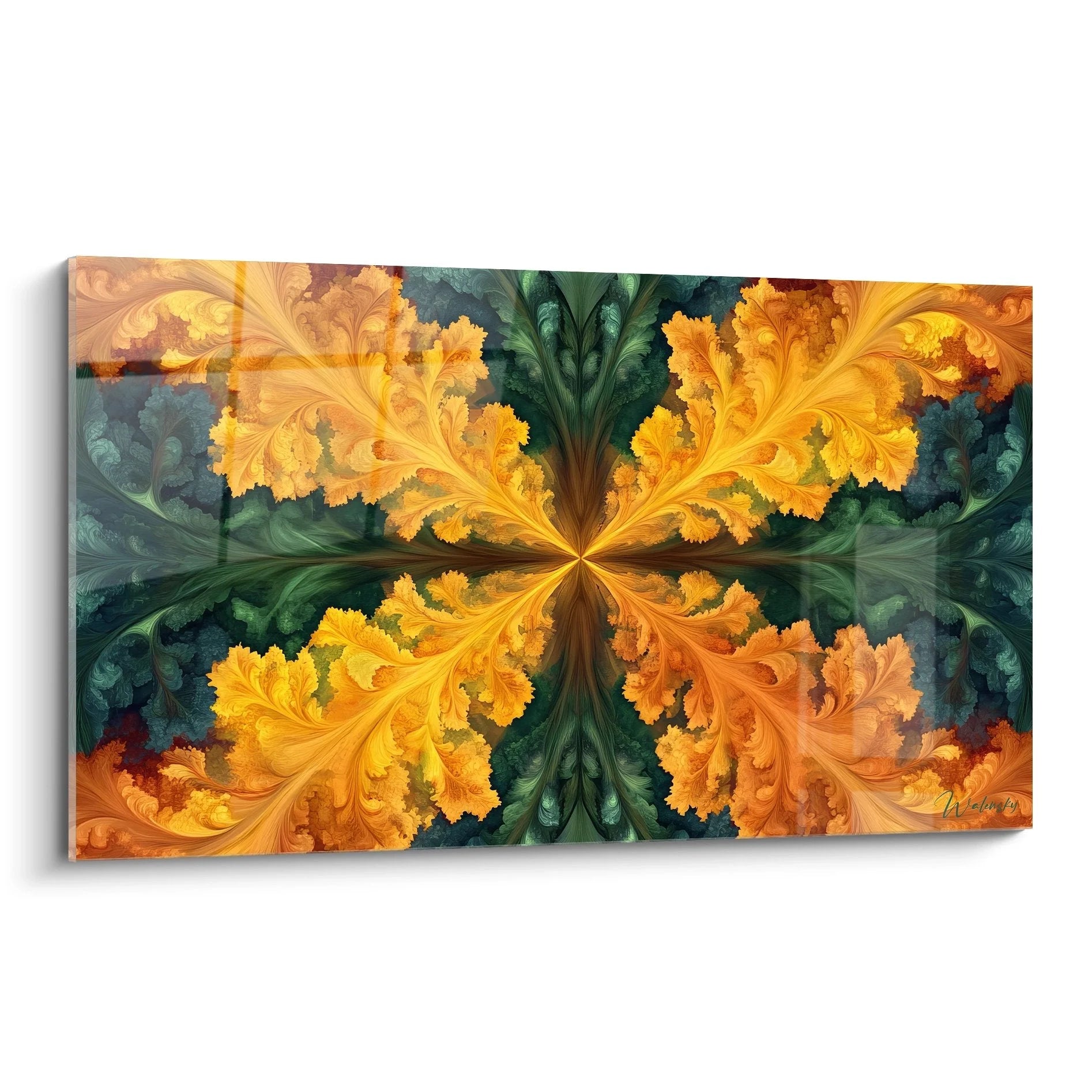 Wandbild fraktale Blüte in Gold und Grün - symmetrisches Ornament als moderne Wanddekoration