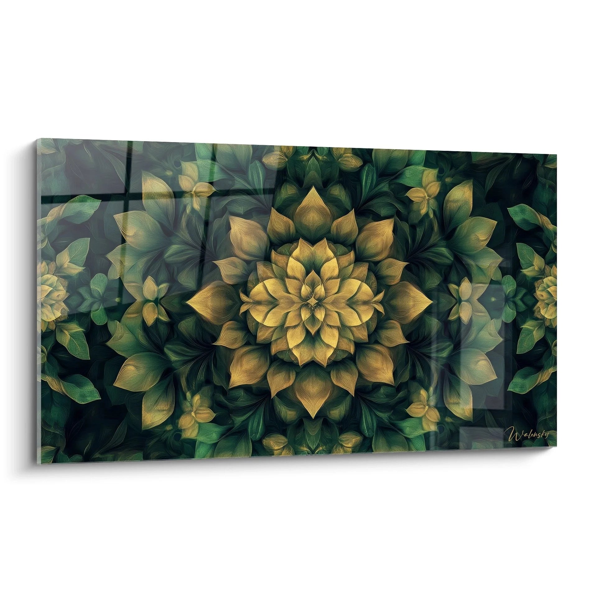 Fraktales Wandbild mit goldener Mandala Blüte in symmetrischer Anordnung für moderne Wanddekoration