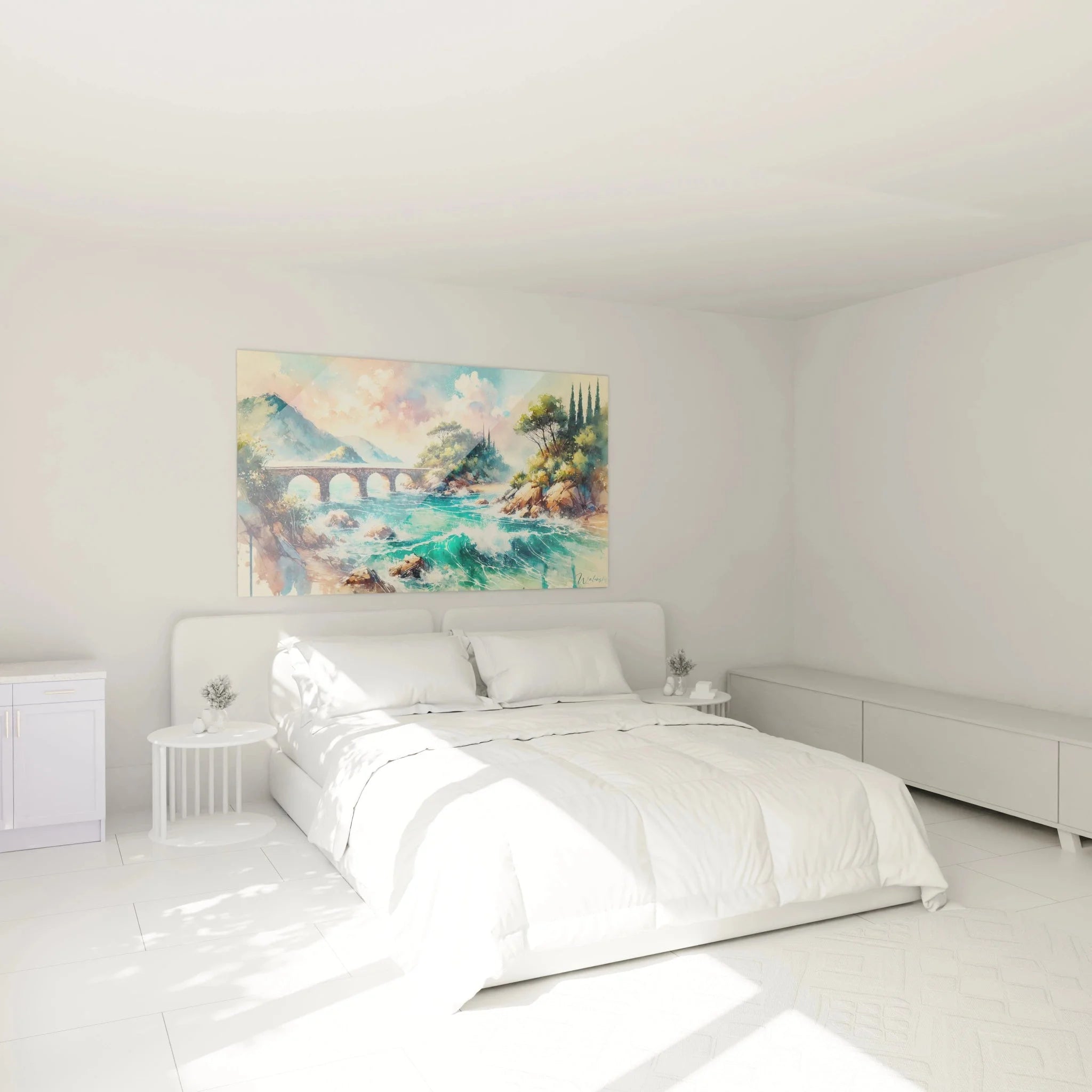 Französische Küstenlandschaft Wandbild in elegantem Schlafzimmer über dem Bett platziert