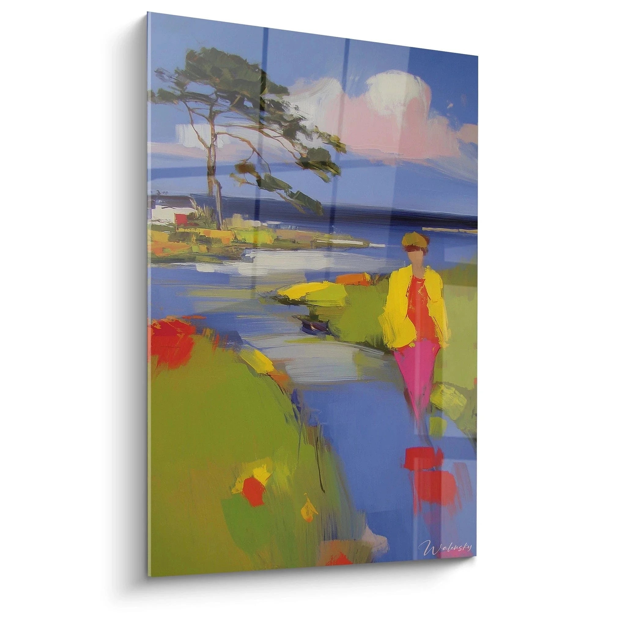 Wandbild Frau am Fluss impressionistisch - Bunte Landschaftsmalerei mit Baum und Wasser Edition Impressionismus