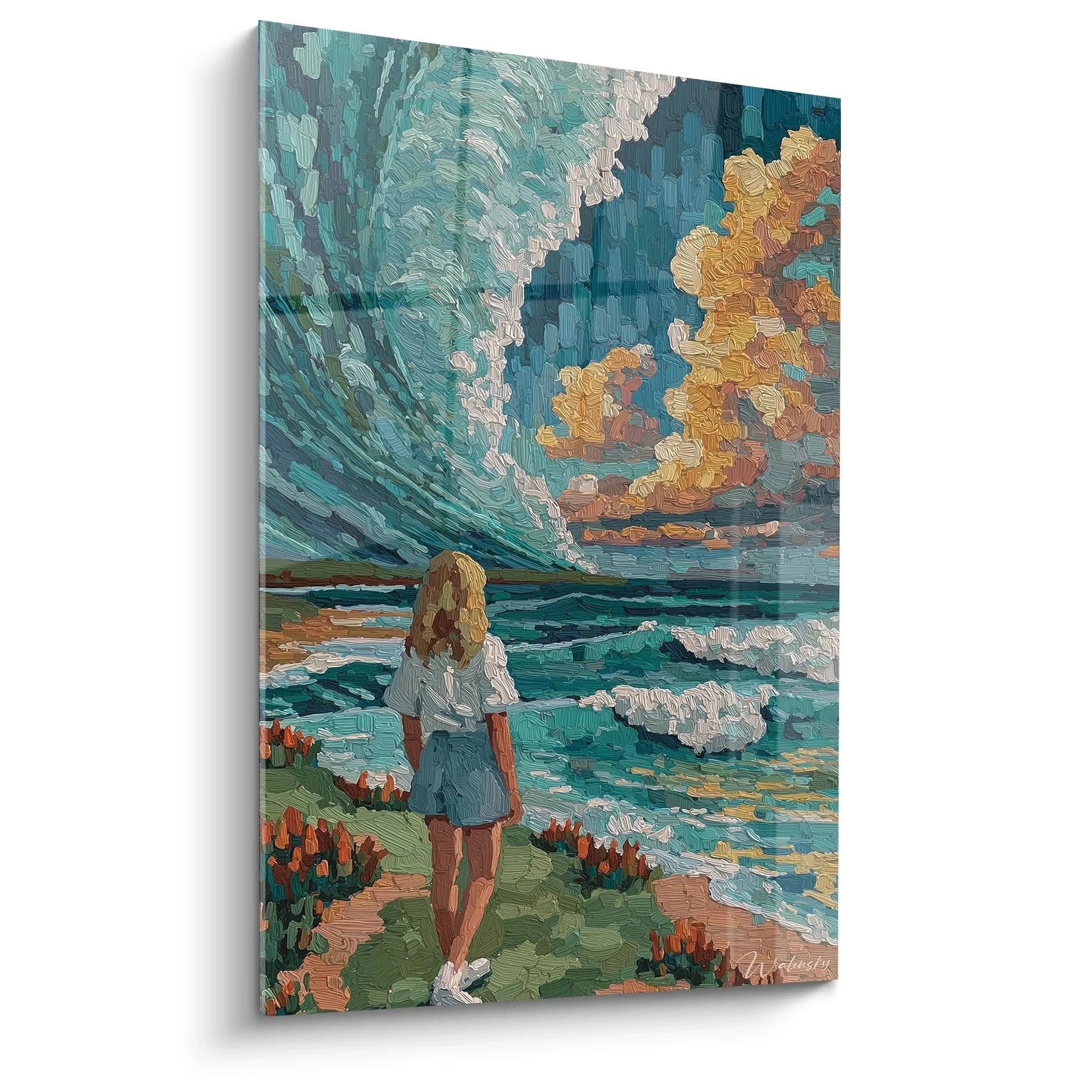 Wandbild Frau am Meer mit impressionistischem Malstil, Sommerszene mit blonder Frau am türkisblauen Ozean