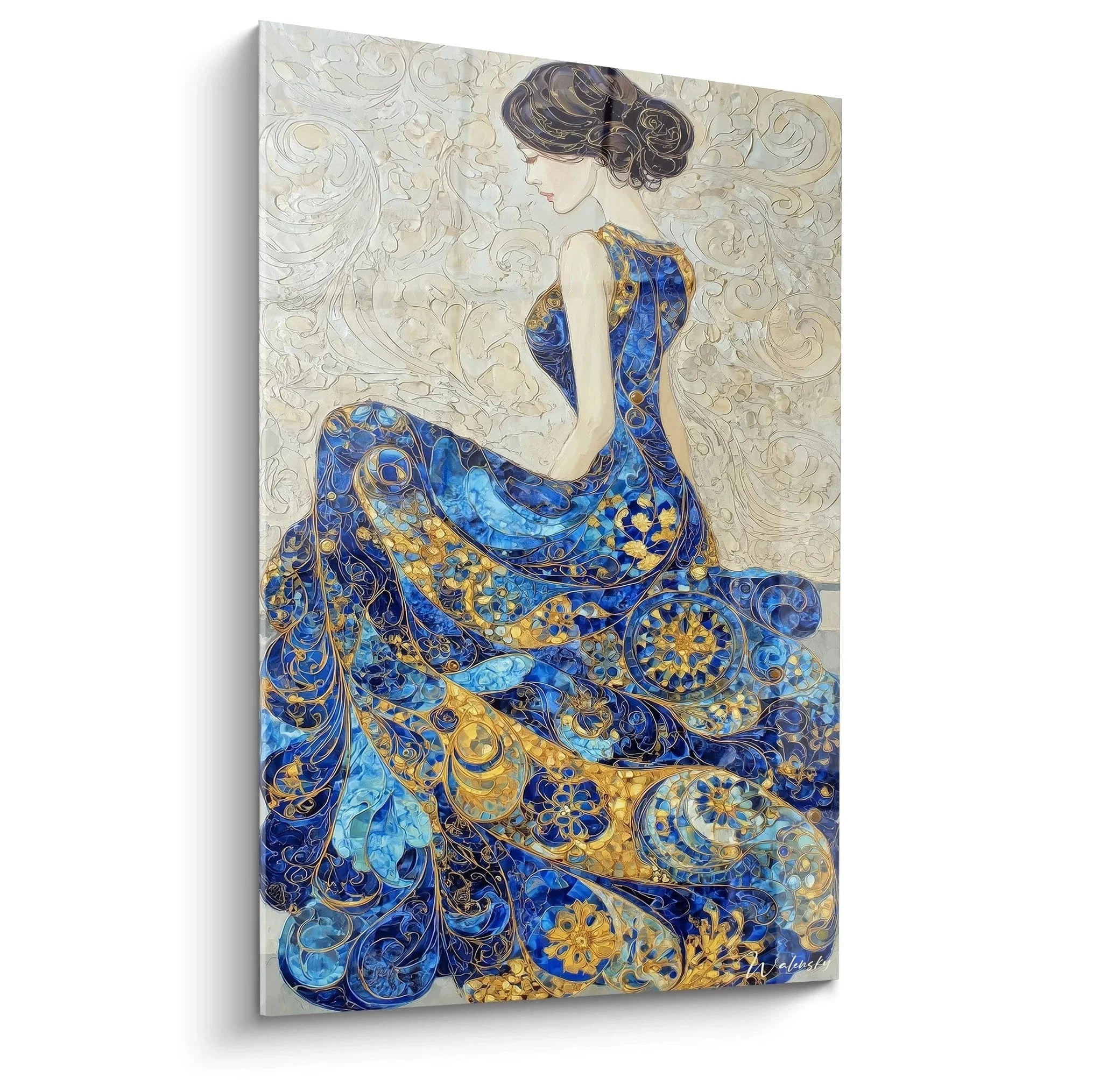 Wandbild elegante Frau in prachtvollem blauen Ornament-Kleid mit goldenen Mustern - Weibliche Schönheit Wandkunst