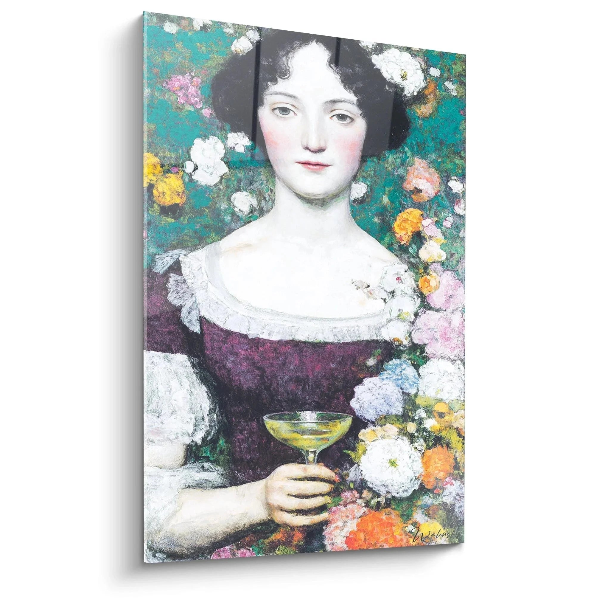 Wandbild Frau mit Blumen im präraffaelitischen Stil, Dame in purpurnem Kleid mit goldener Schale und Blütenmeer