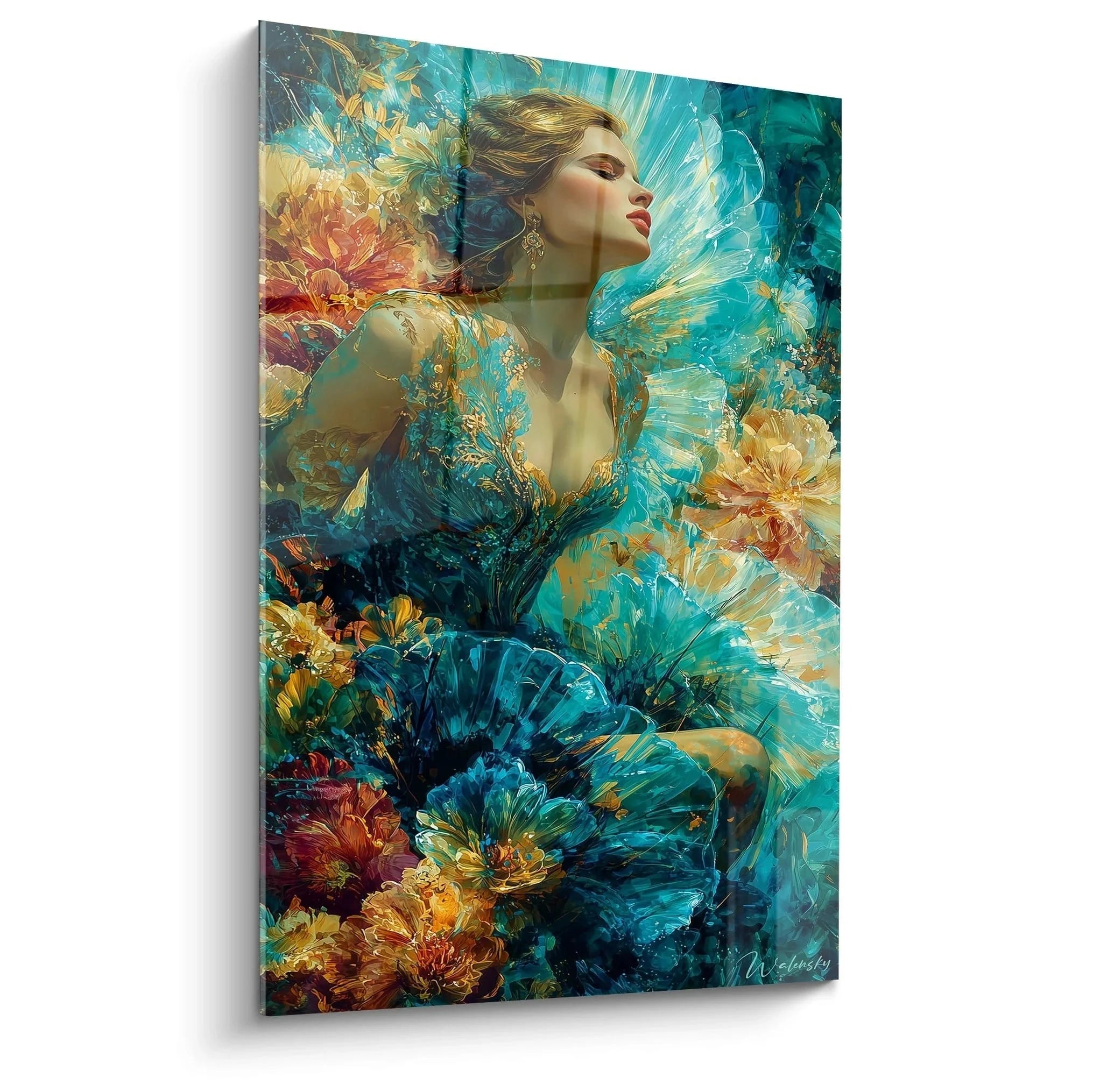 Wandbild Frau mit Blumen türkis gold - Gothic Art Edition Gotik XXL Wanddeko für exklusive Raumgestaltung