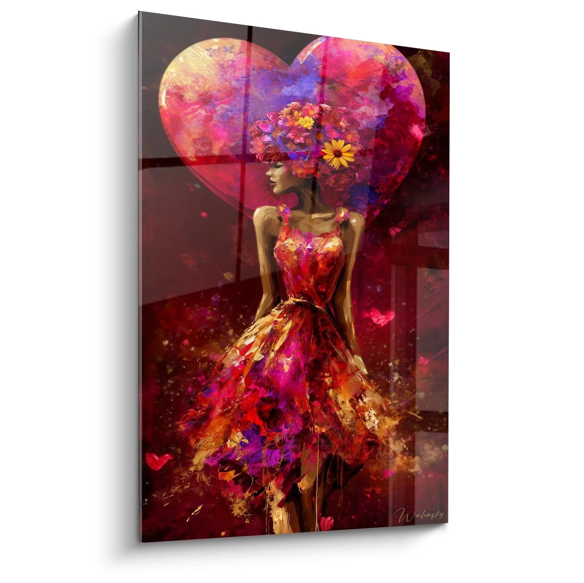 Wandbild Frau mit buntem Blumenkranz vor leuchtendem Herzen - romantische Valentinstag Dekoration