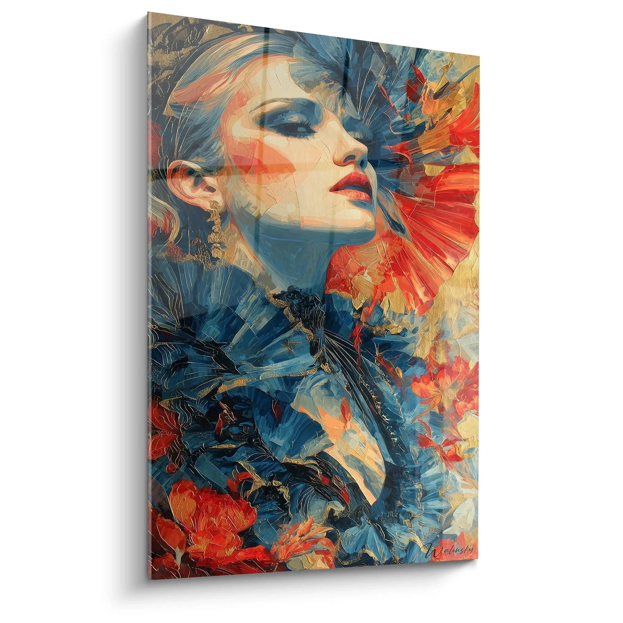 Expressives Wandbild Frau mit blauen Flammen und roten Akzenten im gotischen Stil der Edition Gotik