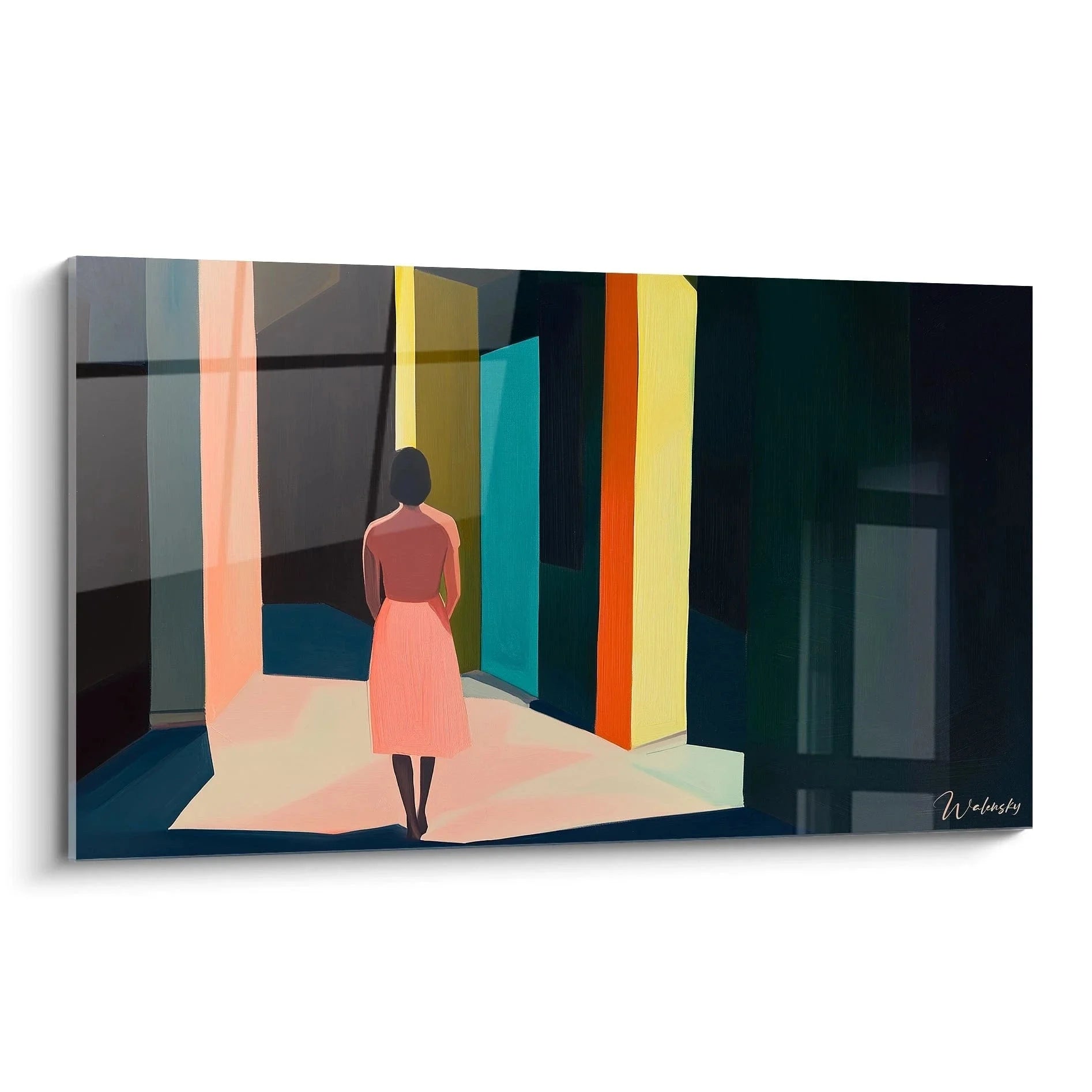 Wandbild XXL Frau in rosa Kleid in modernem farbigem Korridor Edward Hopper Stil geometrische Architektur