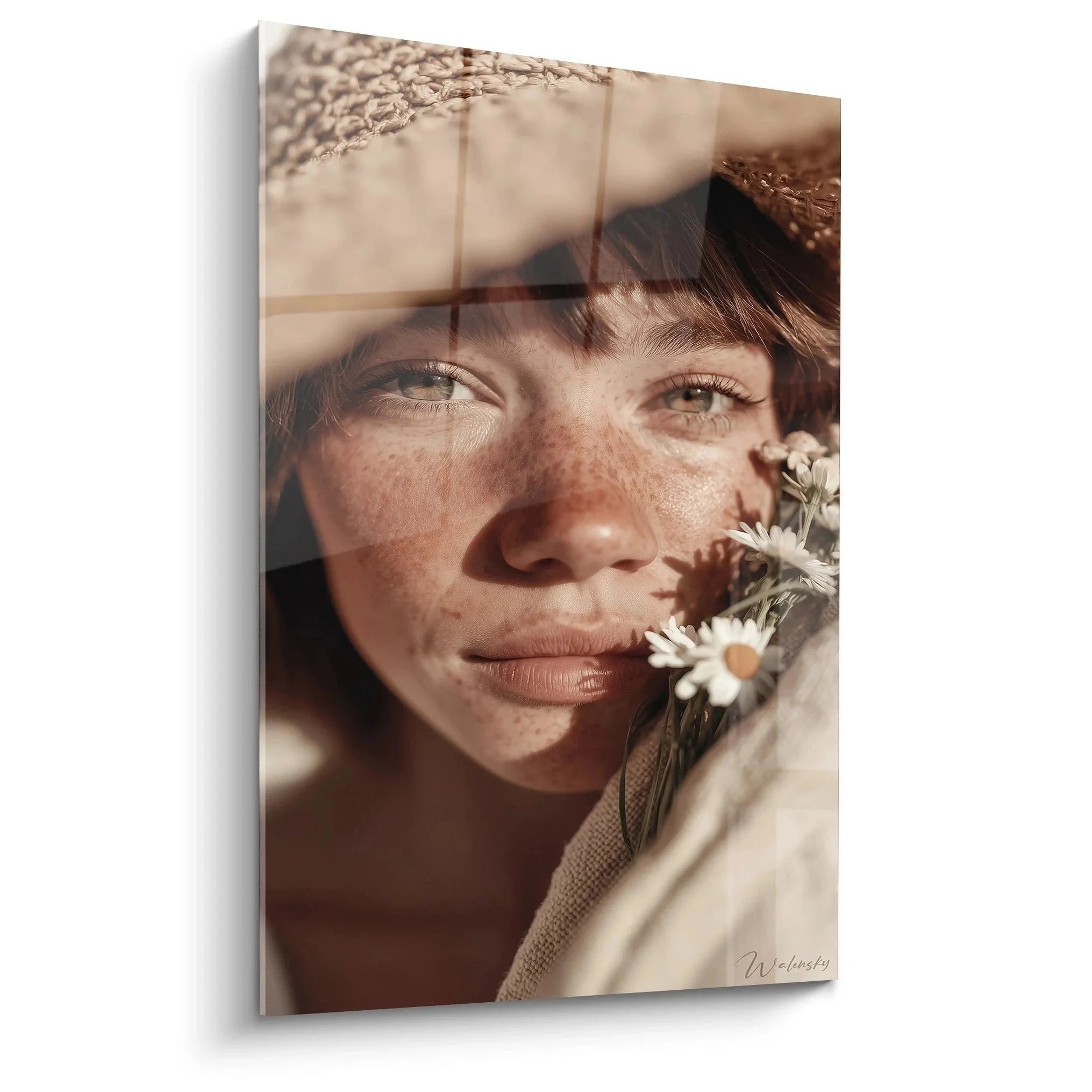 Wandbild Frau mit Gänseblümchen sommerliche Portraitfotografie warme Töne Wanddekoration