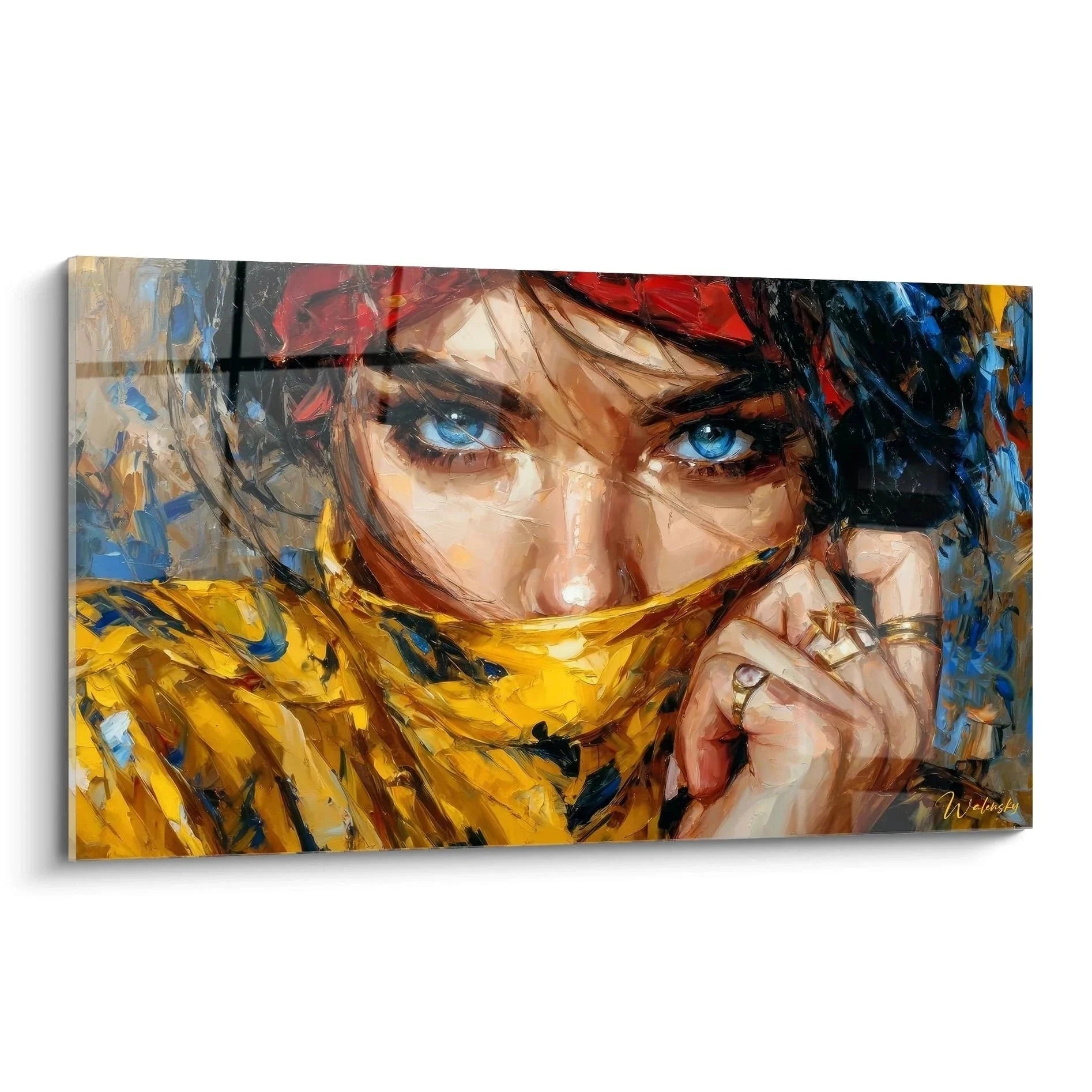 Wandbild Frau mit gelbem Schal Streetwear Edition - Mysteriöses Portrait mit blauen Augen