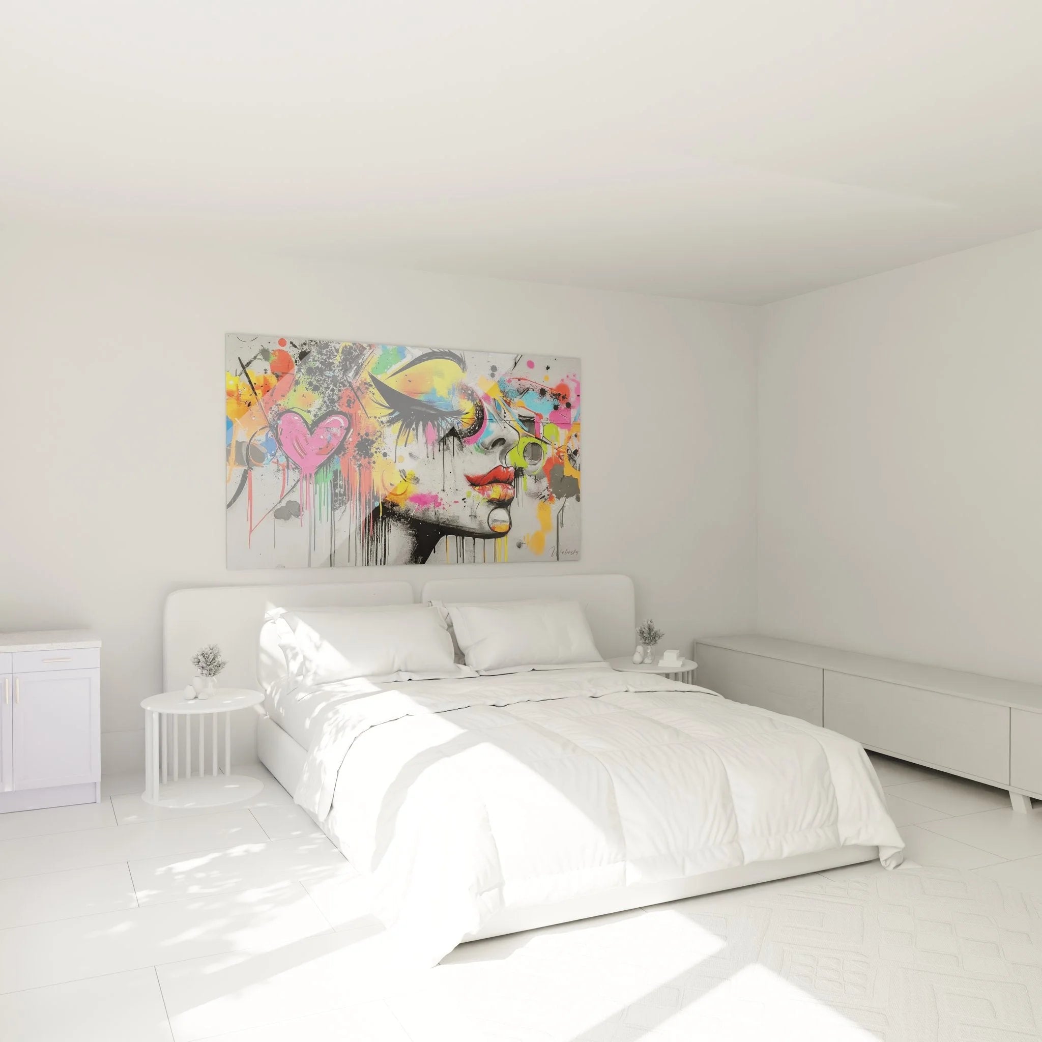 Modernes Wandbild Frau Gesicht in Schlafzimmer Ambiente - Street Art Wanddekoration