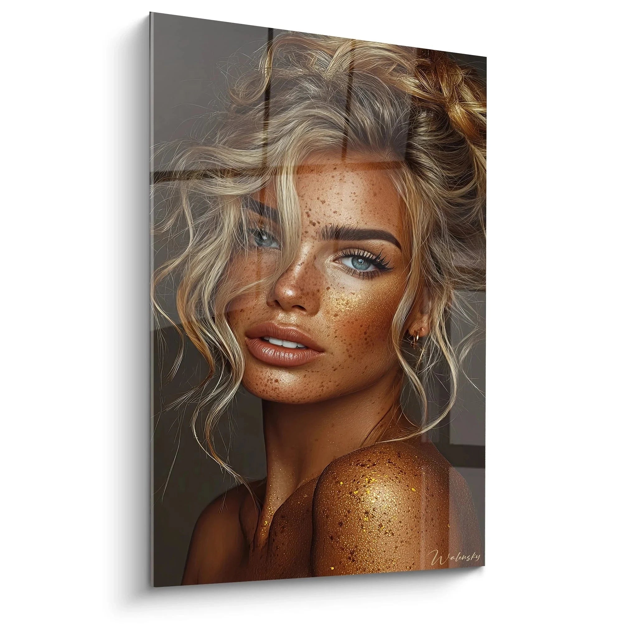 Wandbild blonde Frau mit goldenem Glitzer und Sommersprossen - Beauty Portrait Kunst
