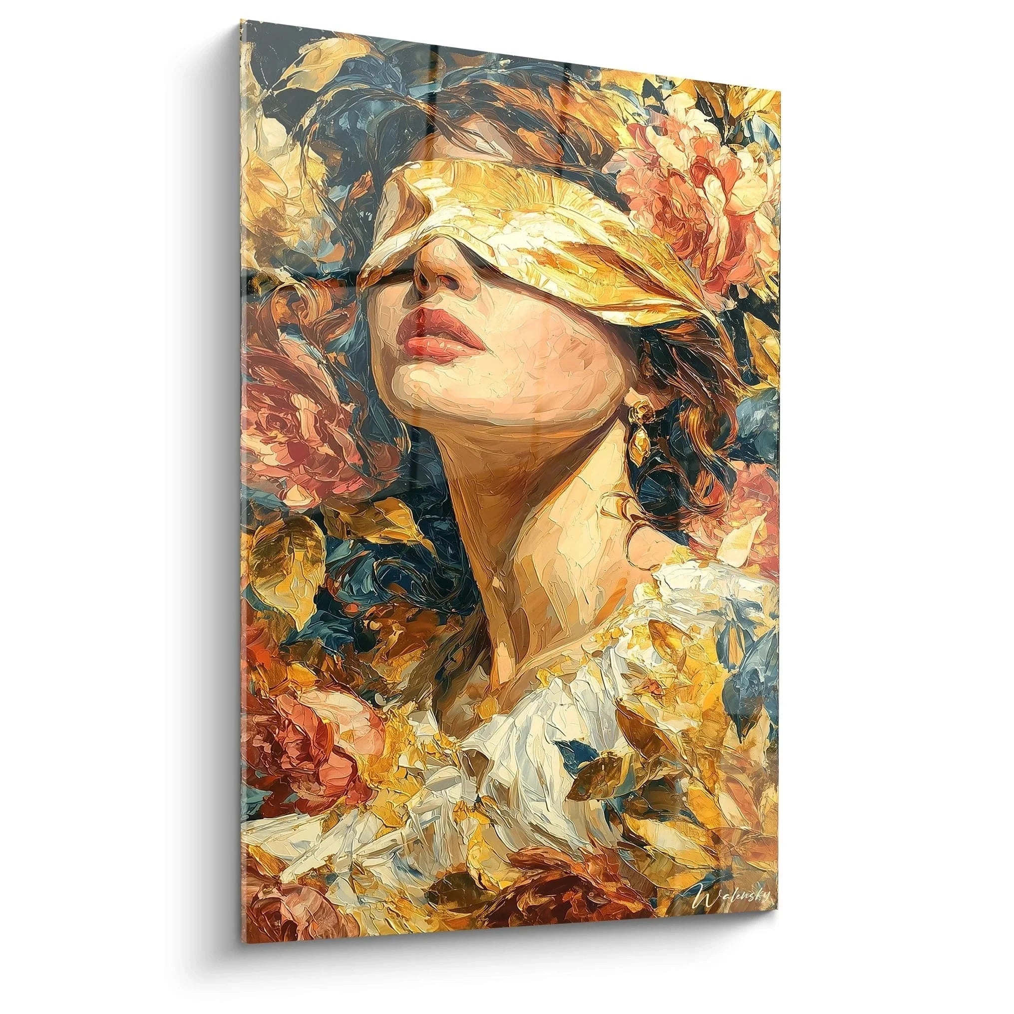 Wandbild Frau mit goldener Seidenmaske im Barockstil, warme Farbpalette, Edition Barock Wanddekoration