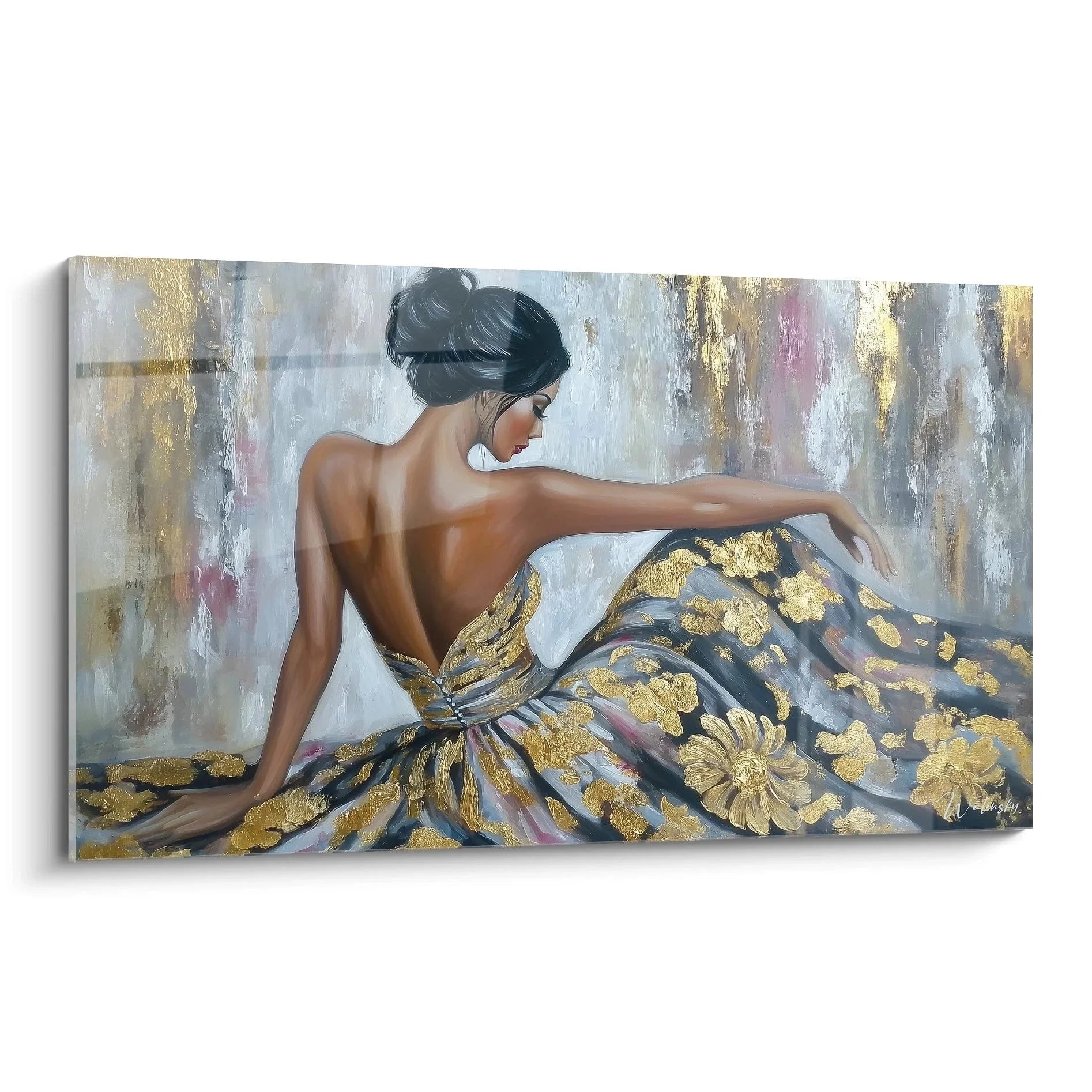 Wandbild elegante Frau mit goldbesticktem Stoff - Premium Kunstdruck weibliche Schönheit