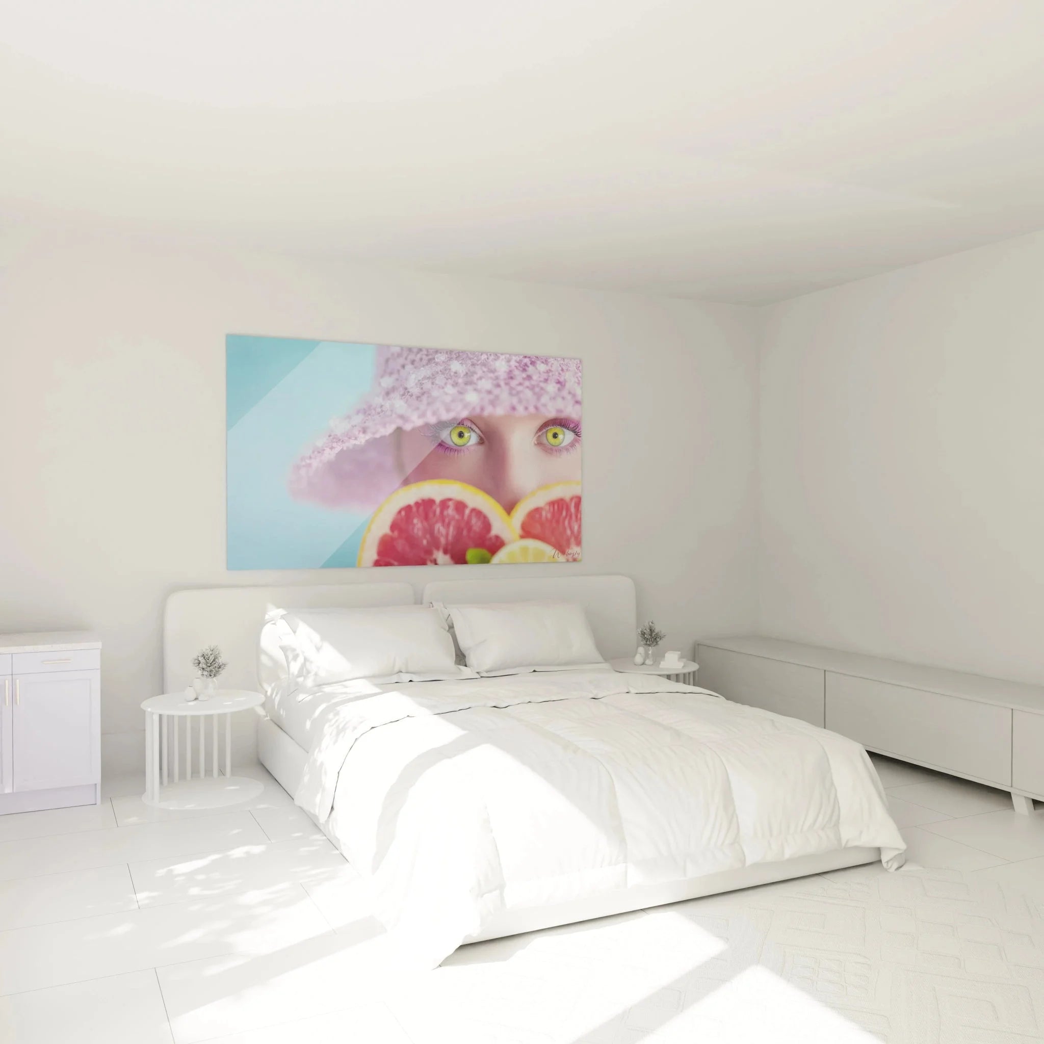 Modernes Wandbild Frau Grapefruit in stilvollem Schlafzimmer - Sommerliche Wanddekoration XXL Format