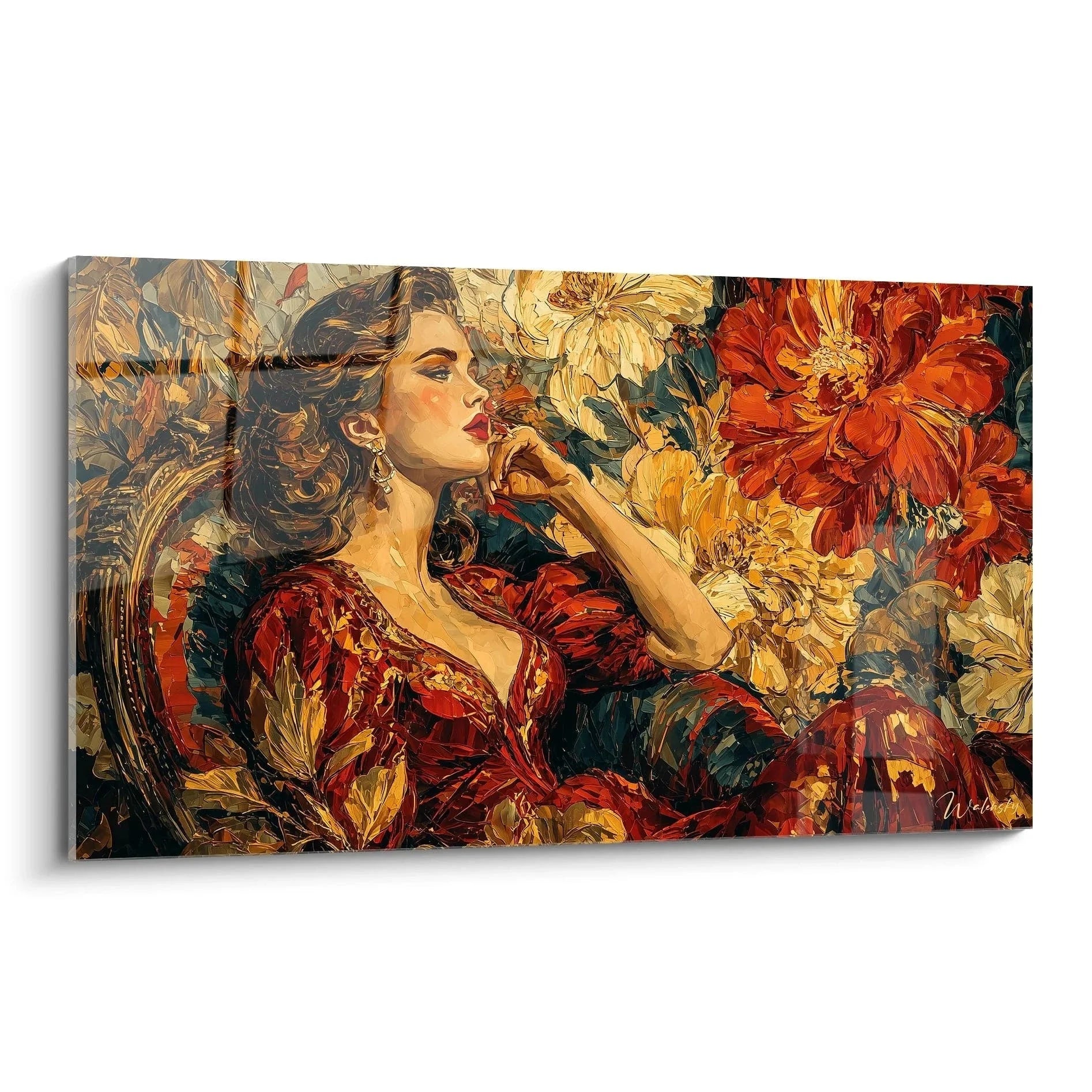 Wandbild Frau mit herbstlichen Blumen in warmen Rot- und Goldtönen, Premium Kunstdruck Gotik Edition