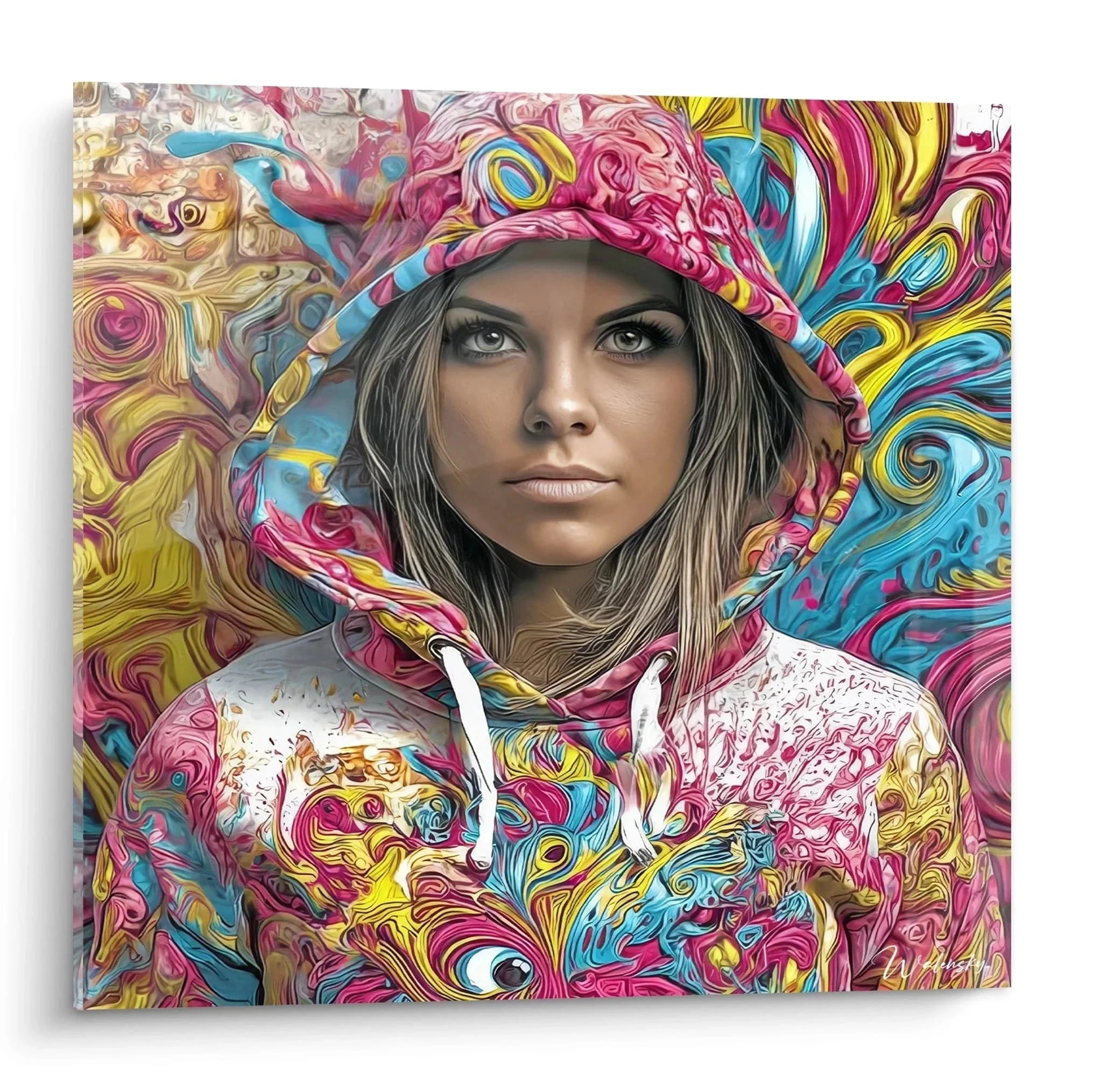 Wandbild psychedelische Frau mit buntem Hoodie Streetwear Art XXL Format urbane Dekoration