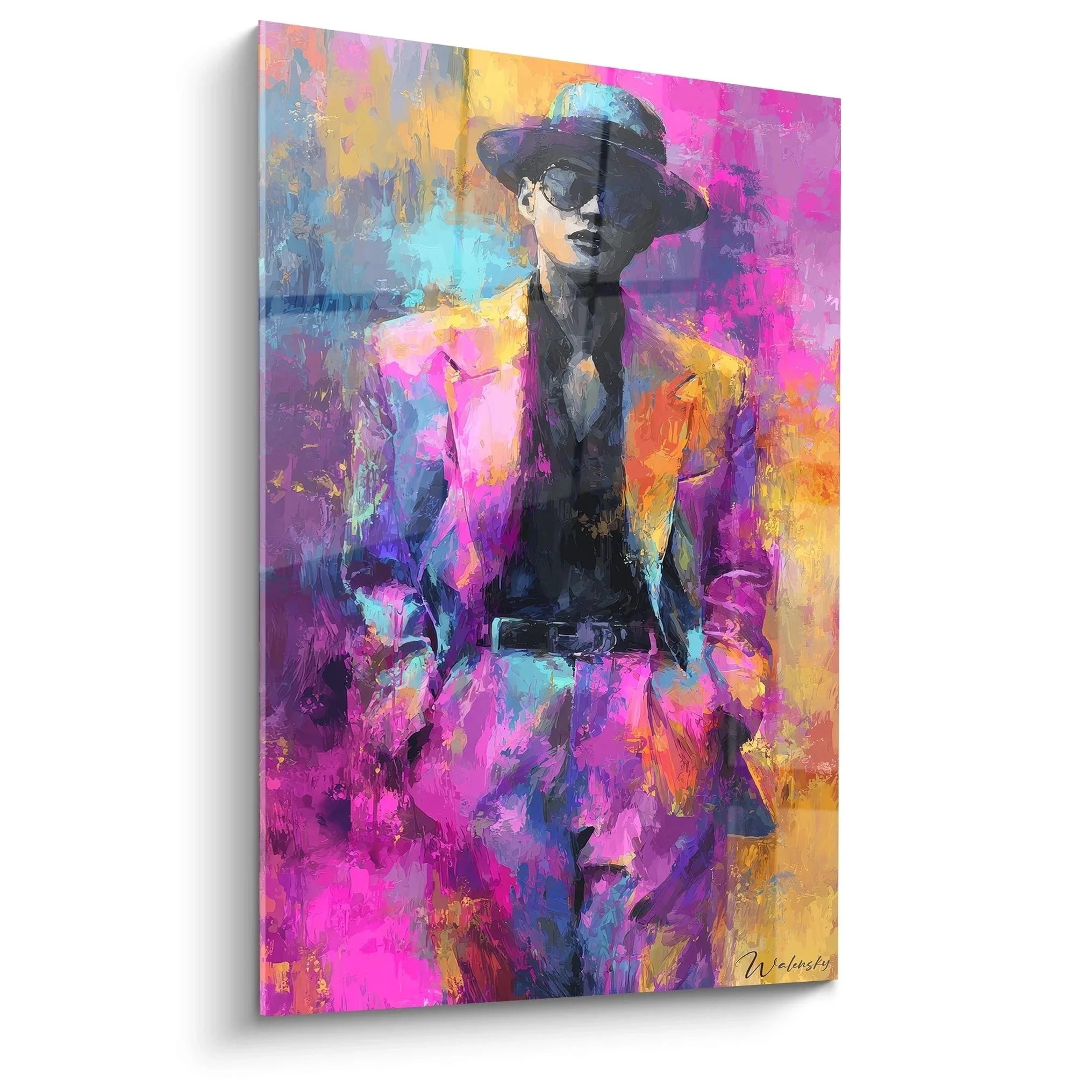 Wandbild Frau mit Hut und Sonnenbrille in bunten Pop Art Farben - Vintage Mode Edition