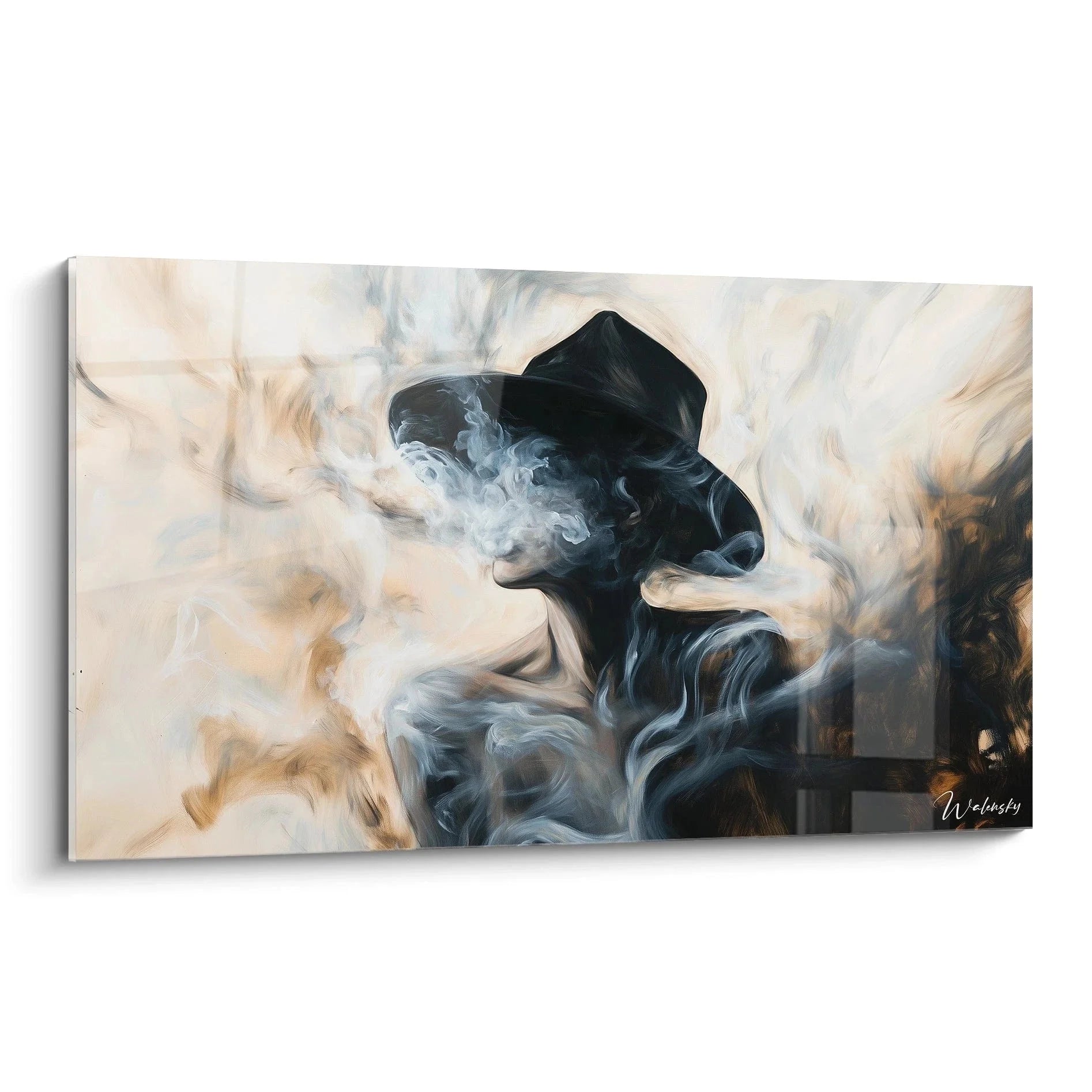 Wandbild rauchende Frau mit schwarzem Hut im figurativ abstrakten Stil für moderne Wandgestaltung