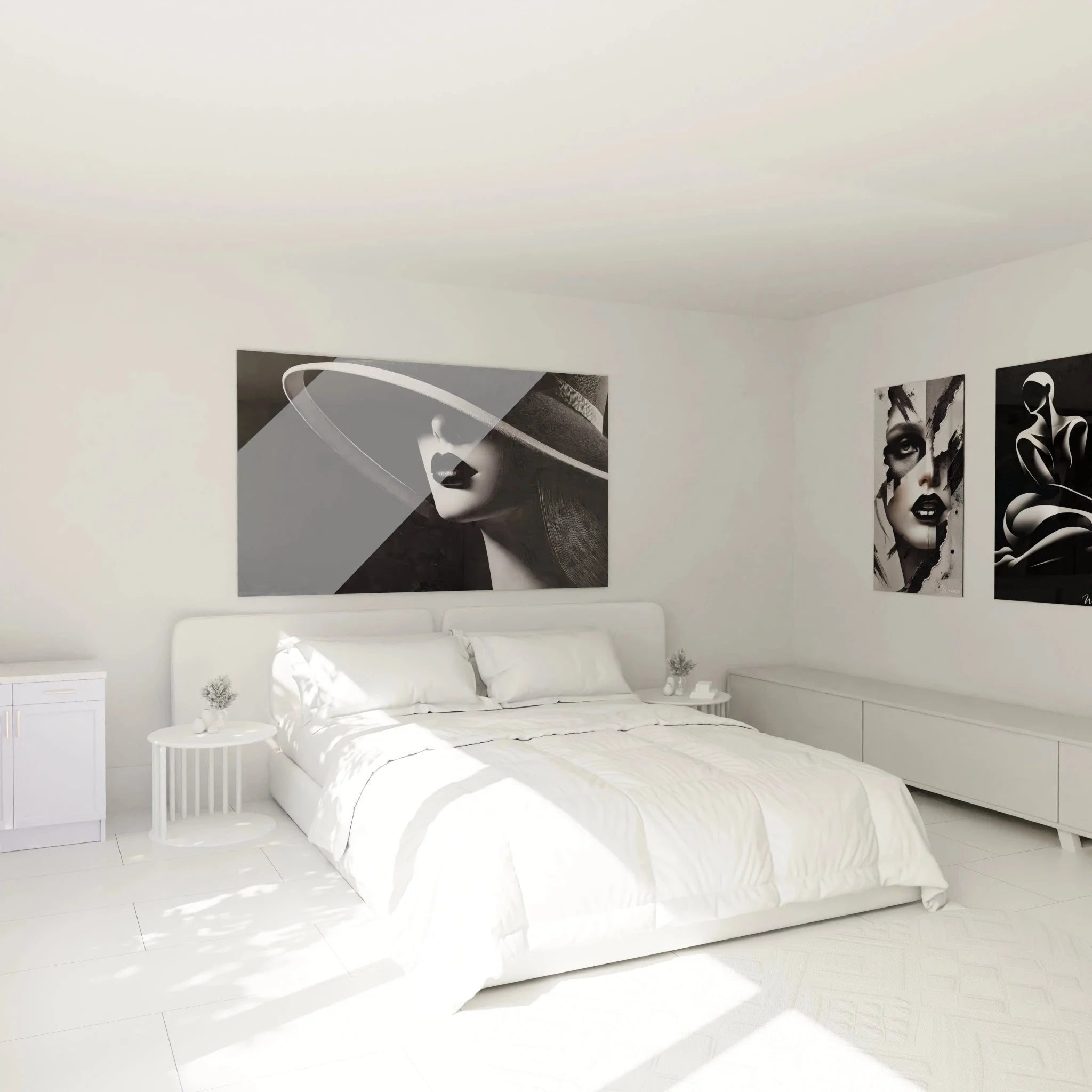 Wandbild Frau Hut schwarz-weiß in modernem Schlafzimmer, elegante Wanddeko für stilvolle Einrichtung