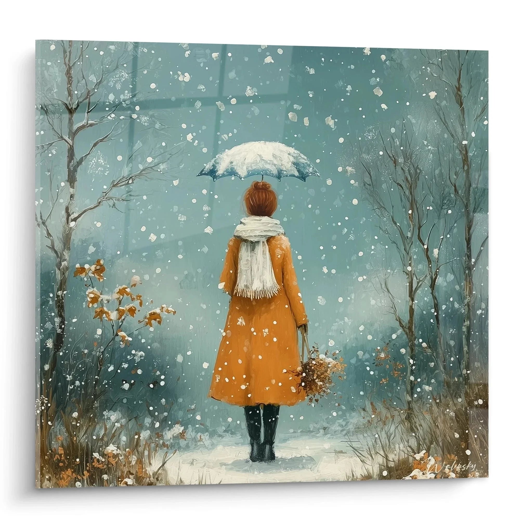 Wandbild Frau im Schnee mit Regenschirm in winterlicher Landschaft - Edition Winter Wanddekoration