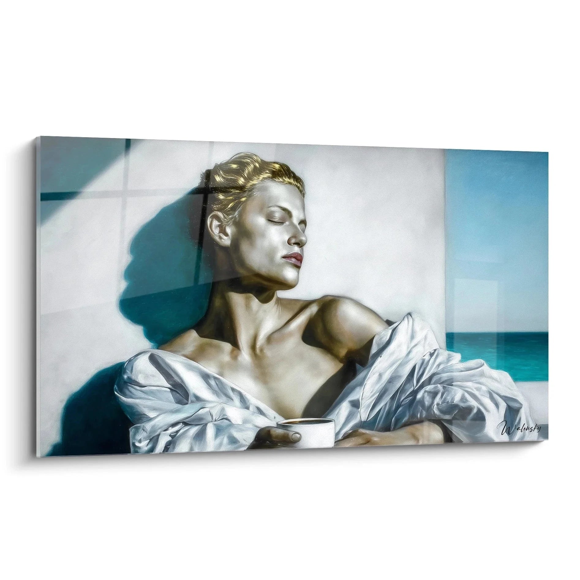 Hyperrealistisches Wandbild einer Frau mit Kaffeetasse in weißer Bluse, Edition Hyperrealismus