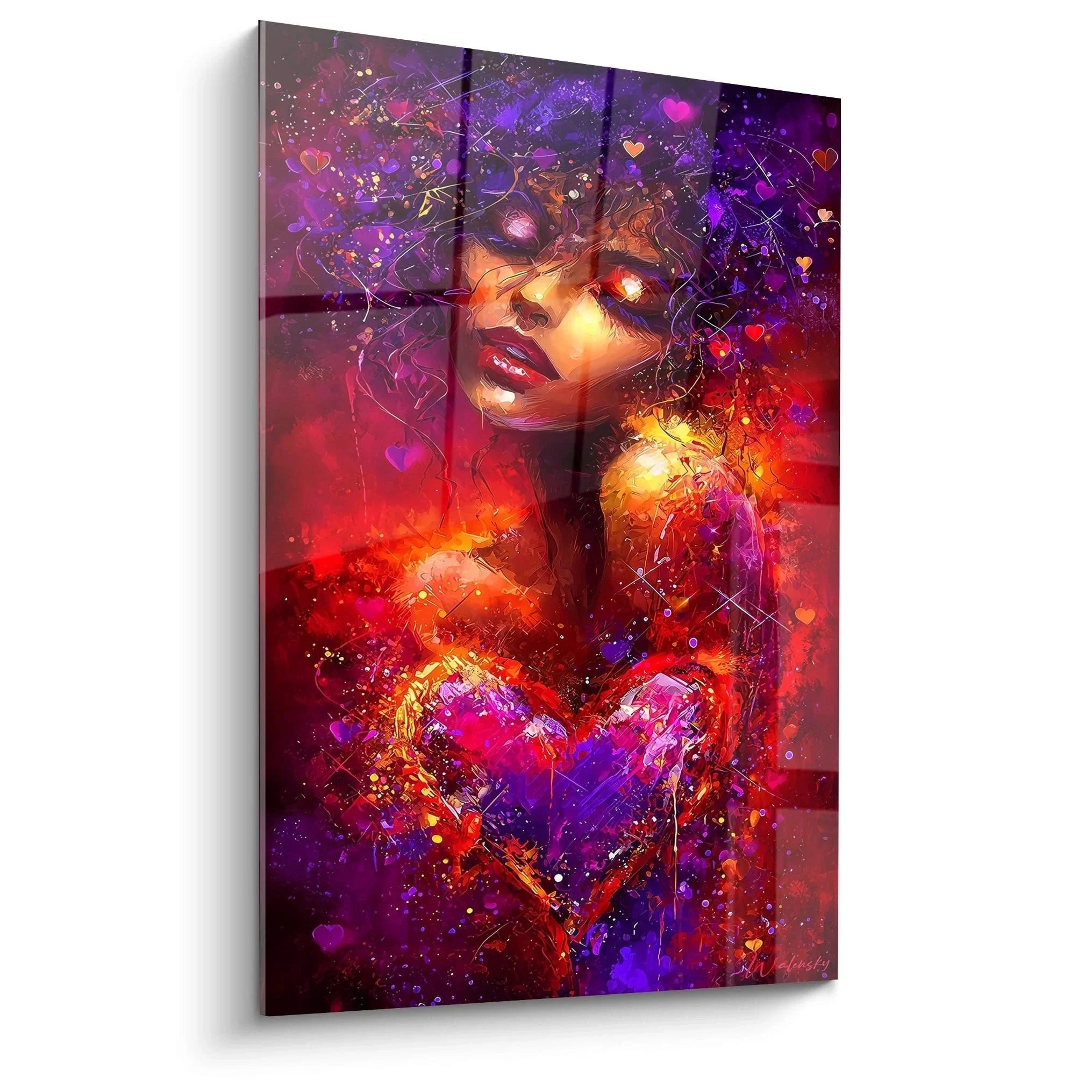 Wandbild mystische Frau mit kosmischem Herz in leuchtenden Rot und Violetttönen - Valentinstag Edition