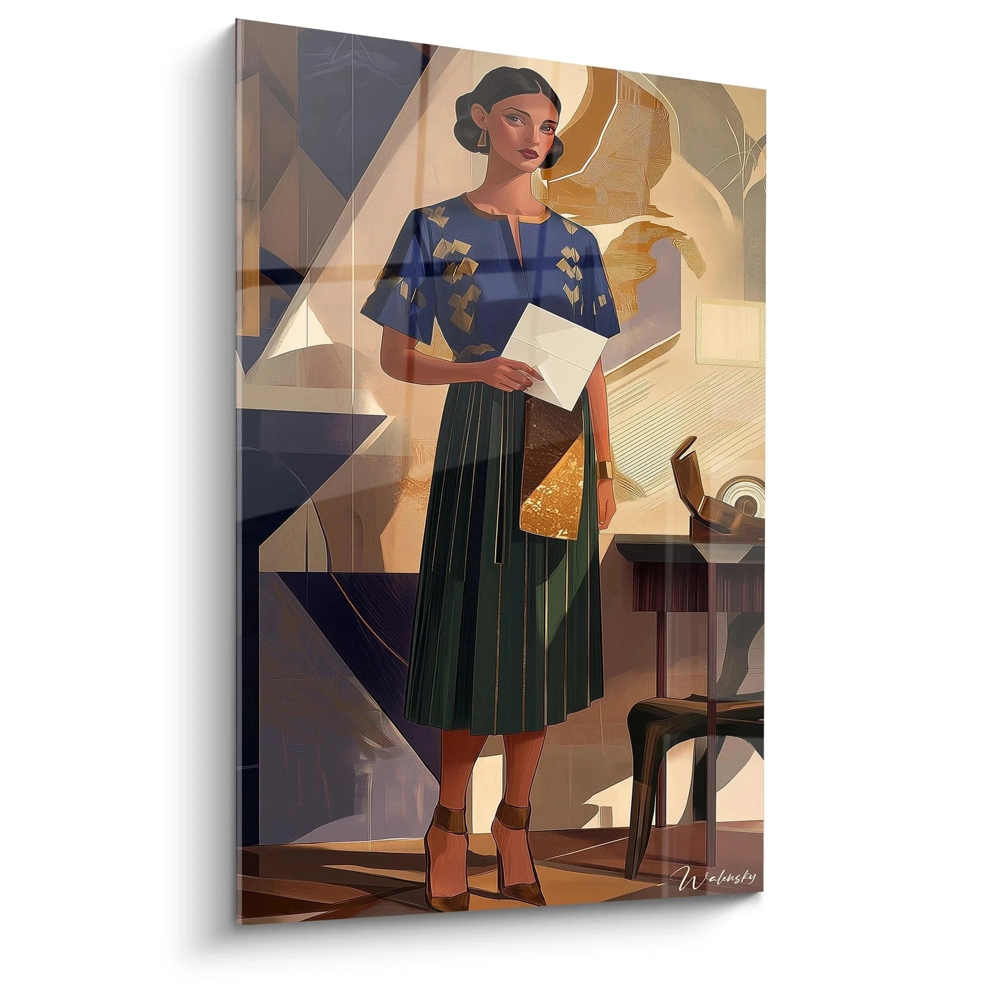 Wandbild Frau mit Brief Art Deco Stil, elegante Dame in blauer Bluse, Johannes Vermeer Edition