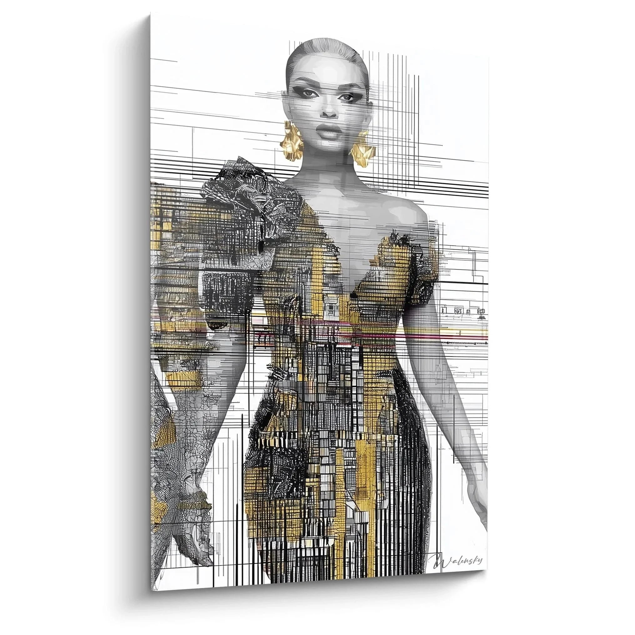 Luxuriöses Wandbild Frau Mode mit goldenen Akzenten und architektonischen Elementen im Haute Couture Stil