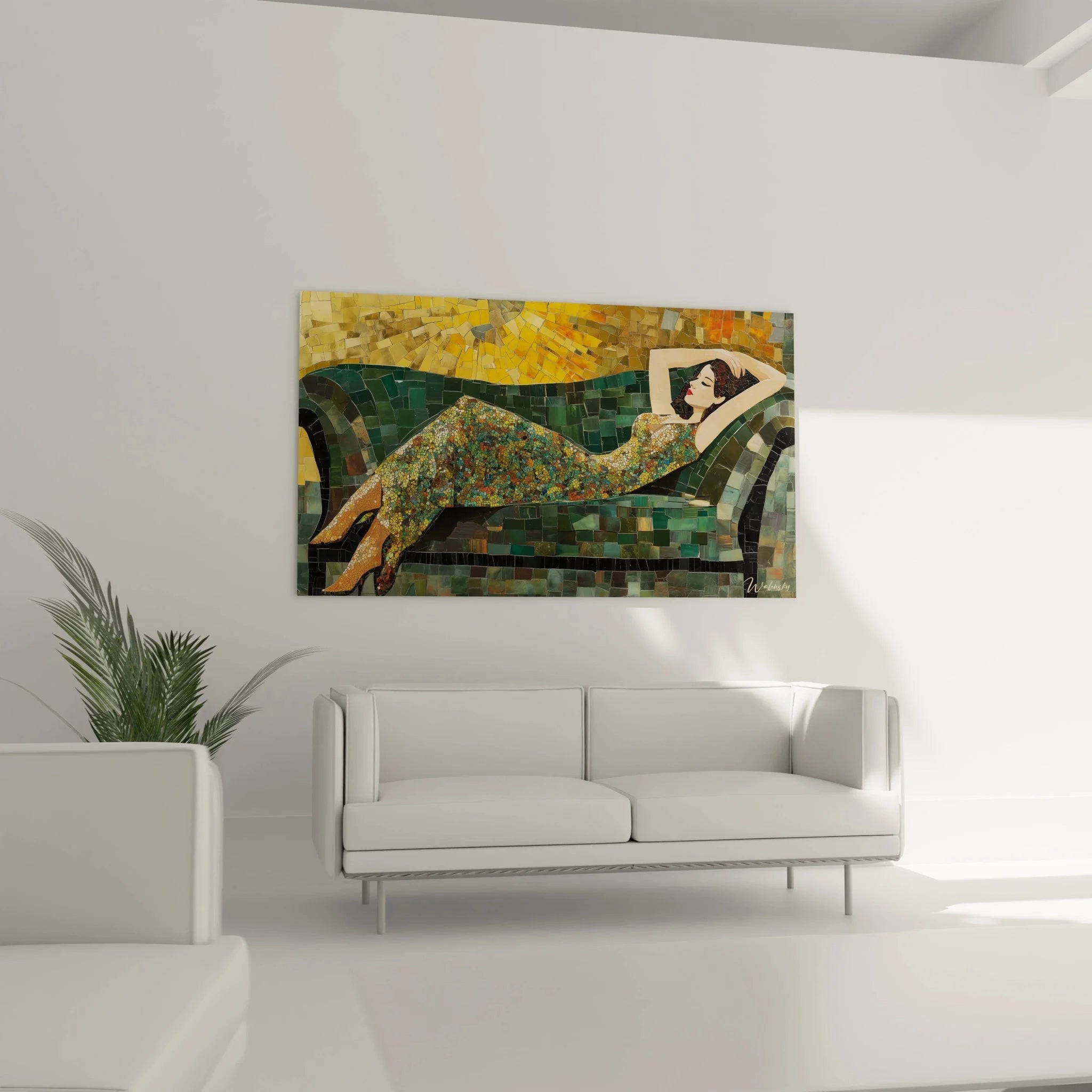 Nahaufnahme Wandbild Frau Mosaik Detail - kunstvolle Mosaiksteine in Gold und Grün