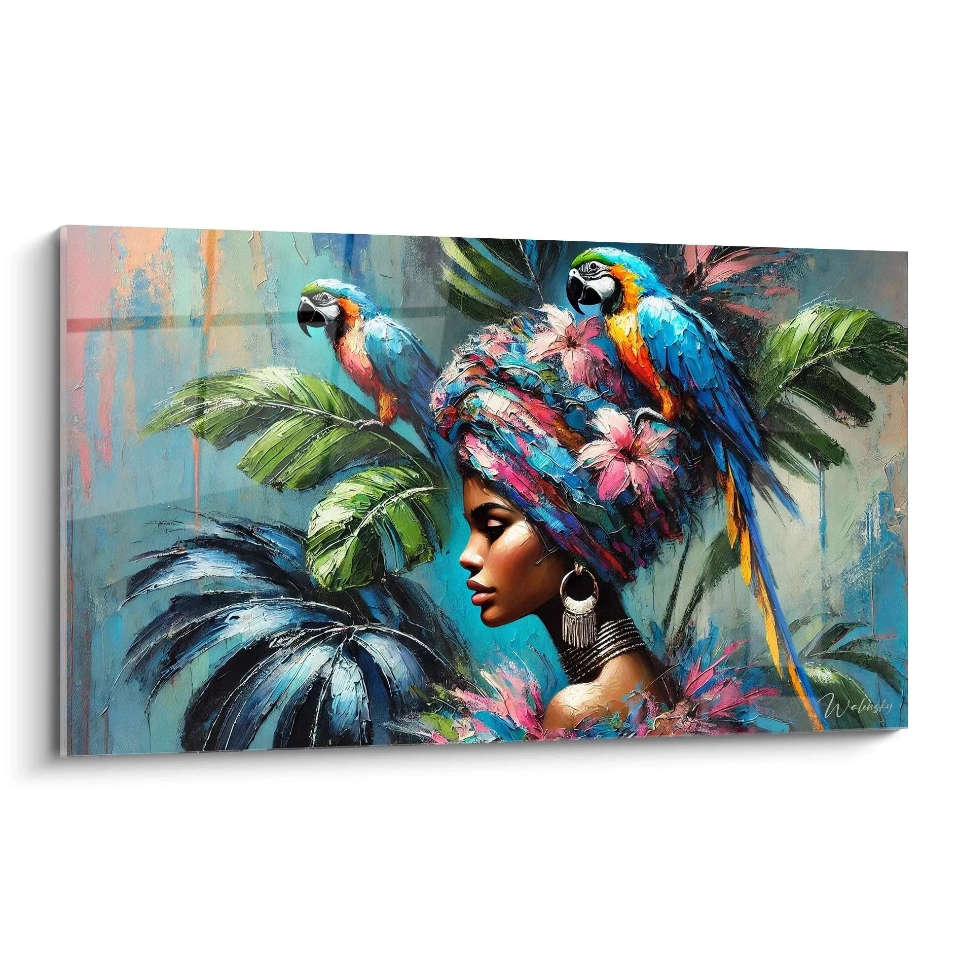 Wandbild einer eleganten Frau mit bunten Papageien und tropischen Blüten im Haar - Edition Papagei