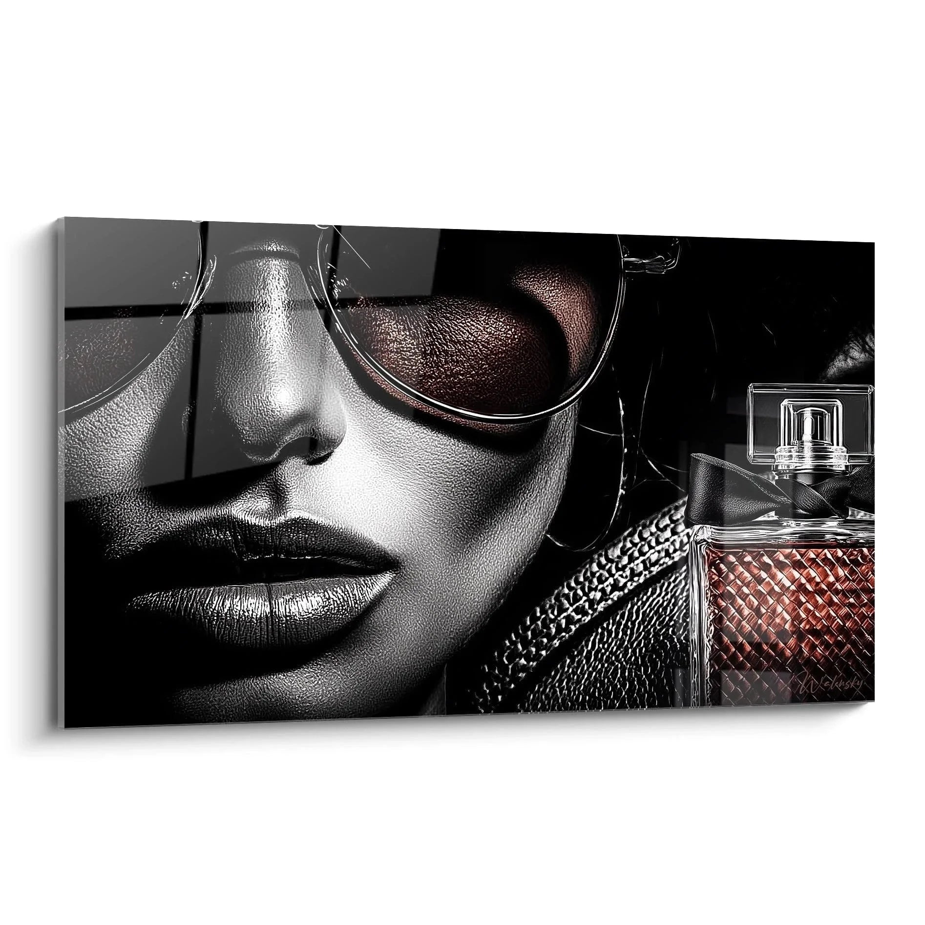 Elegantes Wandbild zeigt stilvolle Frau mit Sonnenbrille und luxuriöser Parfümflasche in schwarz-weiß