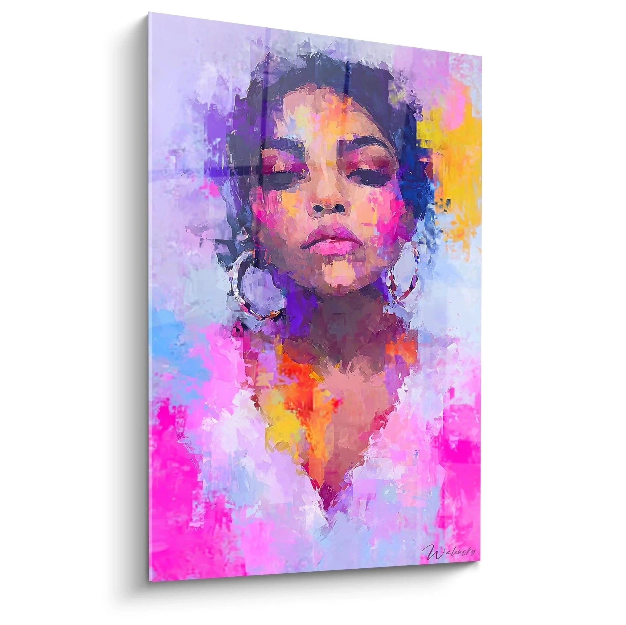 Wandbild Frau Portrait mit Farbexplosion in Violett Pink Orange - Edition Vintage Mode