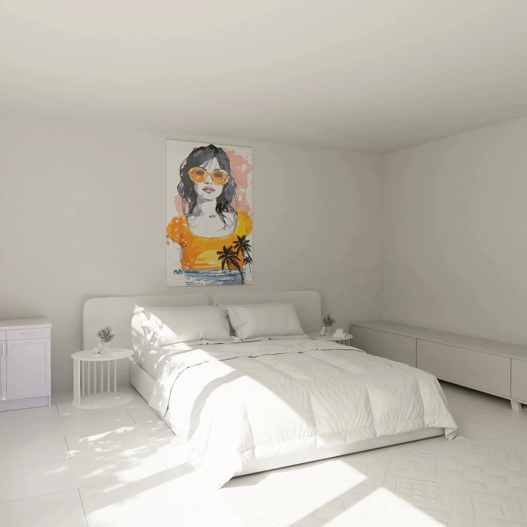 Modernes Wandbild mit Frau Portrait in Schlafzimmer Ambiente - tropische Sommer Dekoration