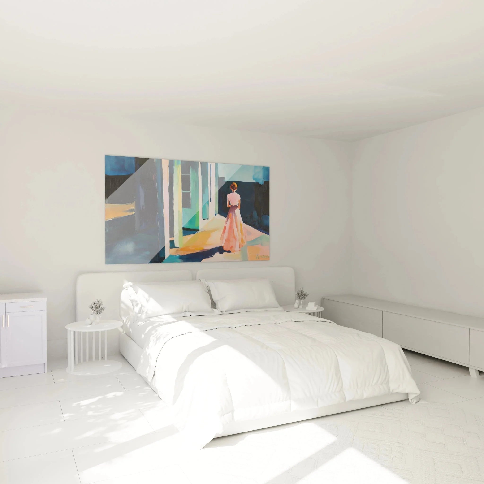 Wandbild Frau im Raum XXL im Schlafzimmer - Hopper inspirierte Kunst als elegante Wanddekoration