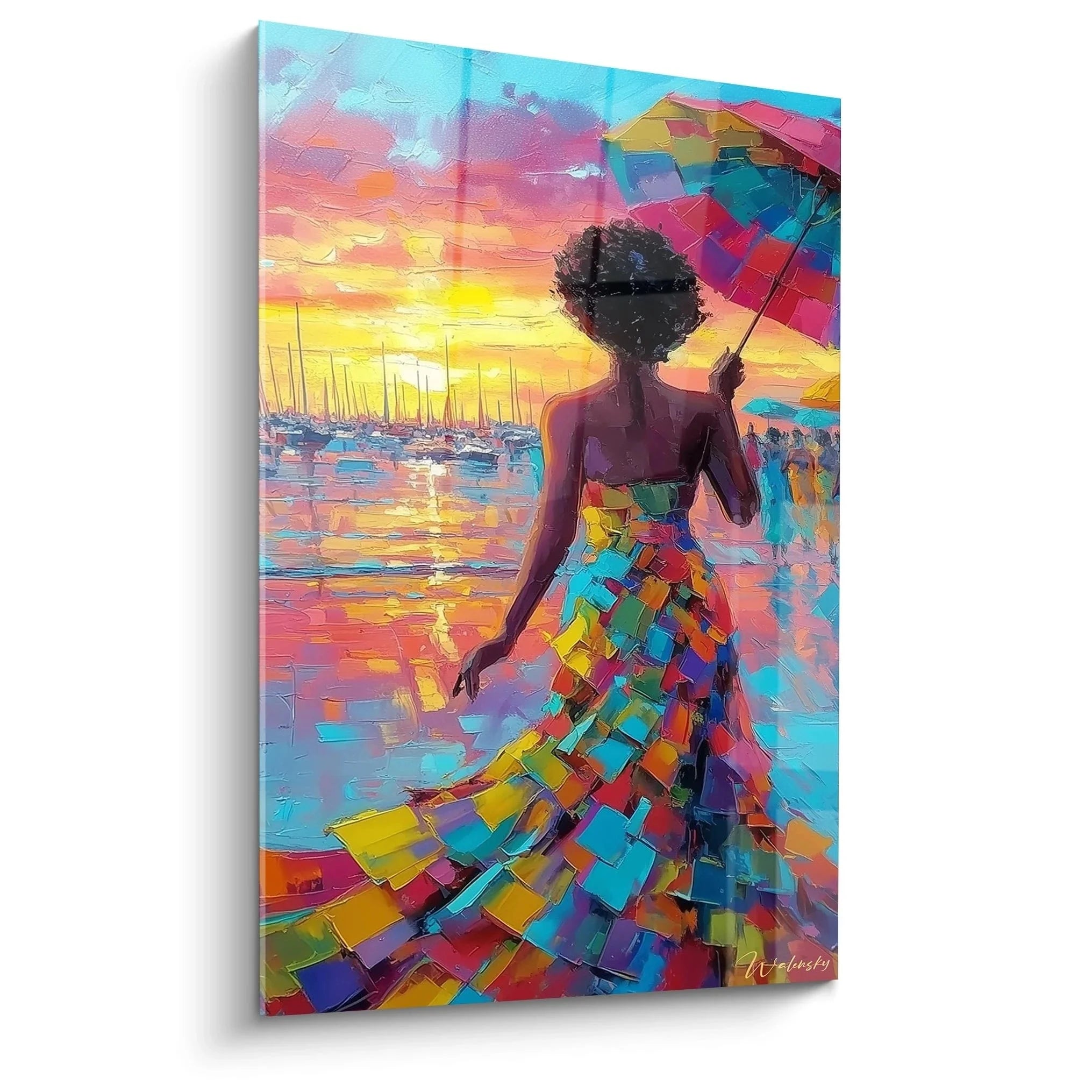 Wandbild elegante Frau mit buntem Regenschirm am Hafen bei Sonnenuntergang - Edition Haute Couture Kunstdruck