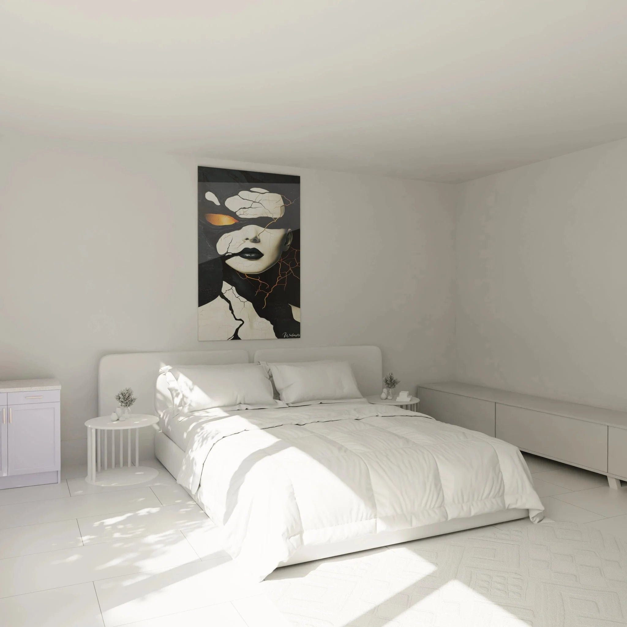 Wandbild zerbrochene Frau in modernem Schlafzimmer - surrealistische Wandkunst als Dekoration