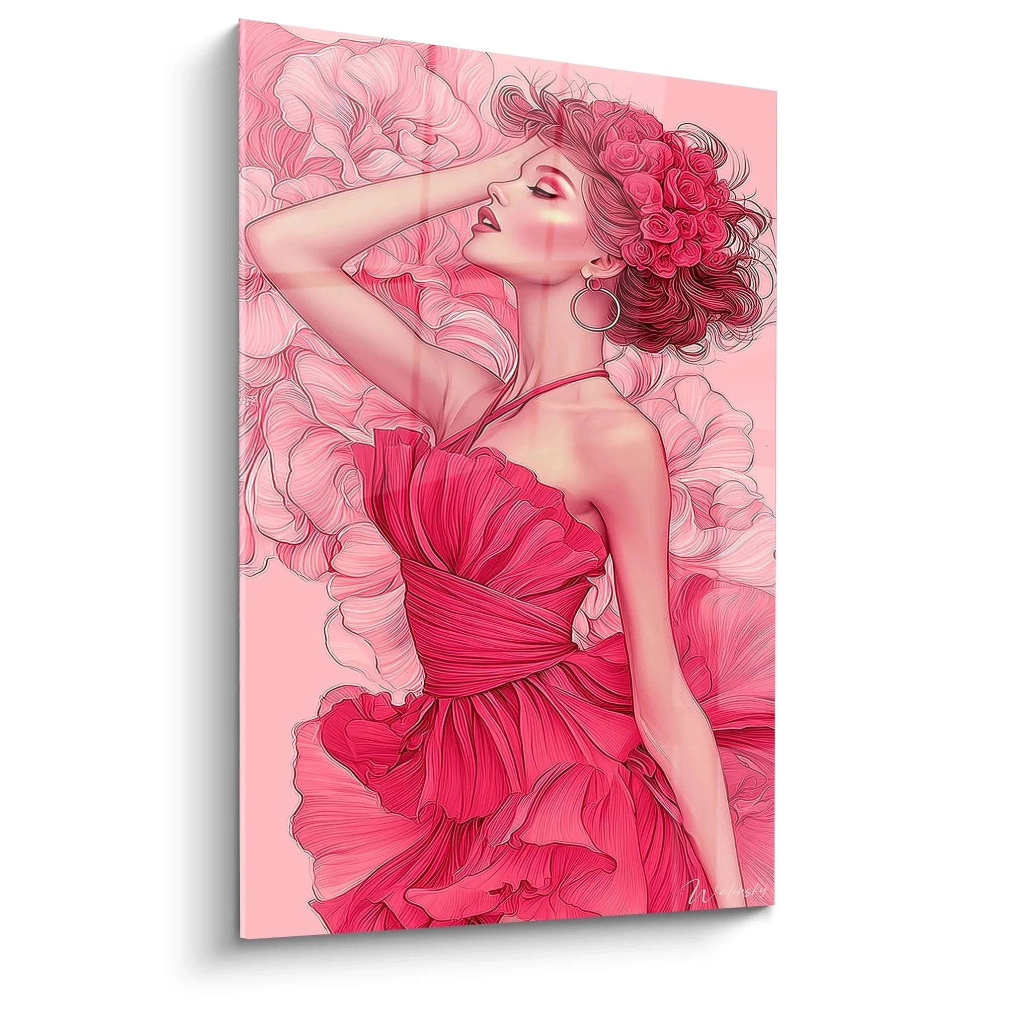 Wandbild elegante Frau in rosa Kleid mit floralen Elementen - feminine Wanddekoration