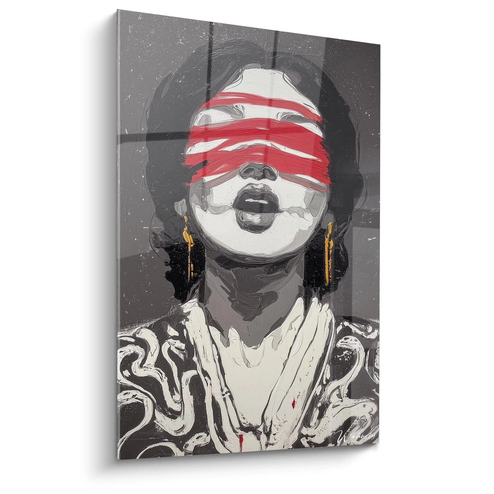 Wandbild Frau mit roter Augenbinde im Vanitas Stil - modernes Portrait in Schwarz-Weiß-Rot